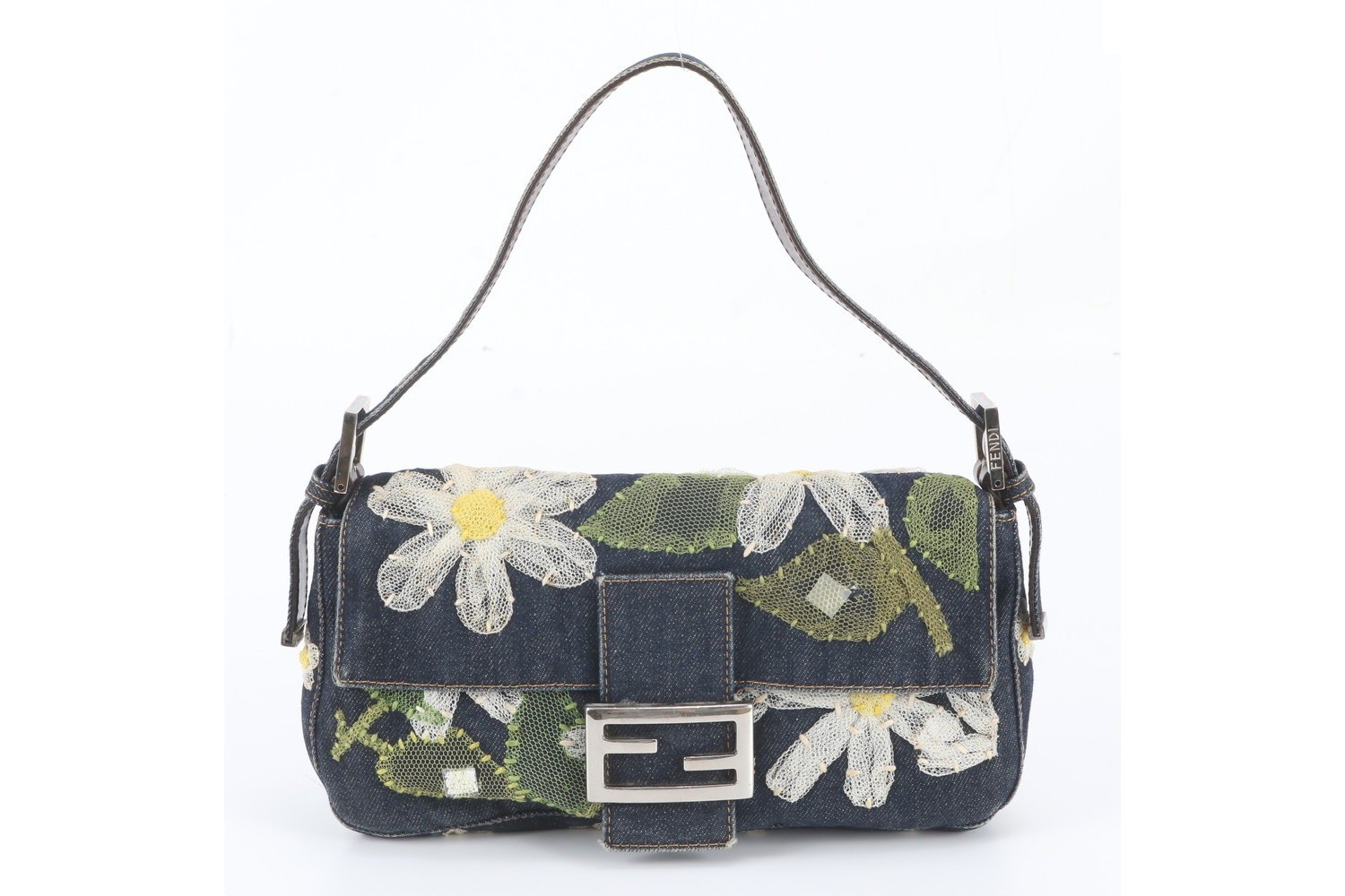 Flower Denim Mamma Bucket Baguette FF Hardware Leather Shoulder Bag