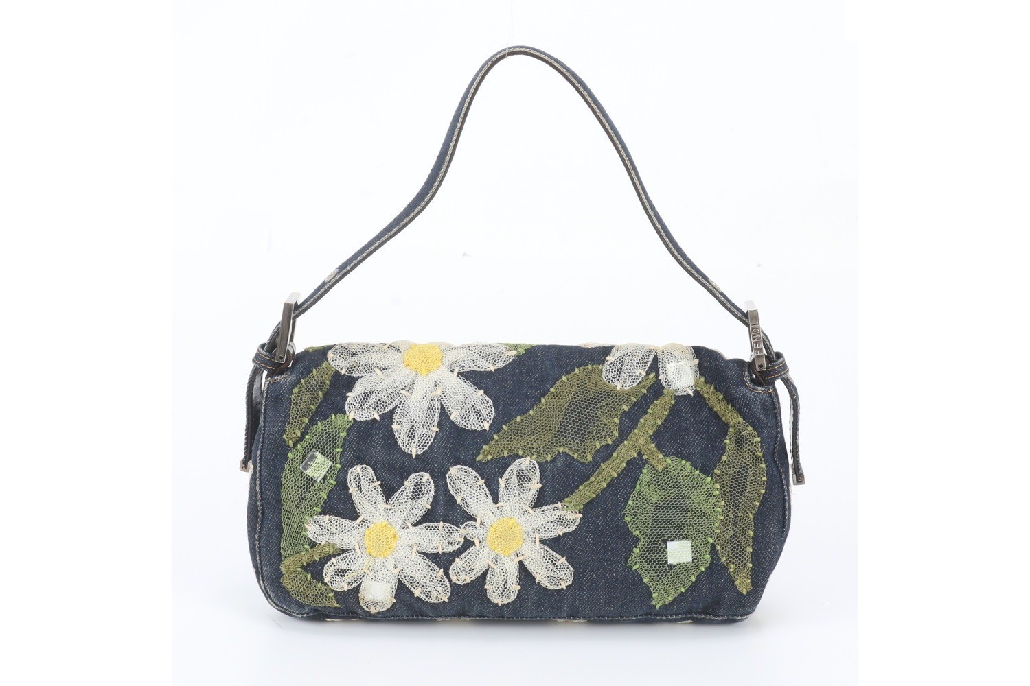 Flower Denim Mamma Bucket Baguette FF Hardware Leather Shoulder Bag — view 3