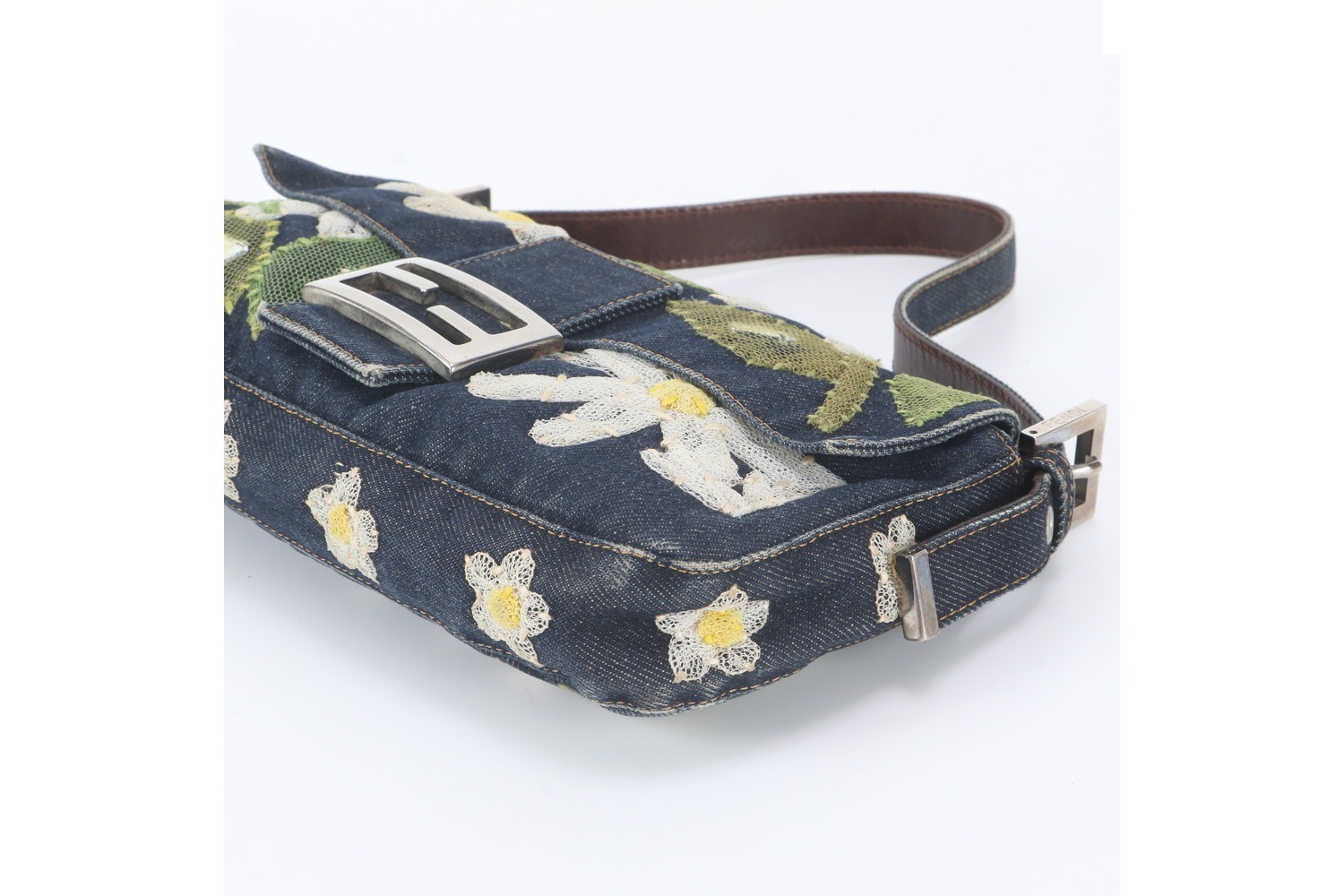 Flower Denim Mamma Bucket Baguette FF Hardware Leather Shoulder Bag — view 4