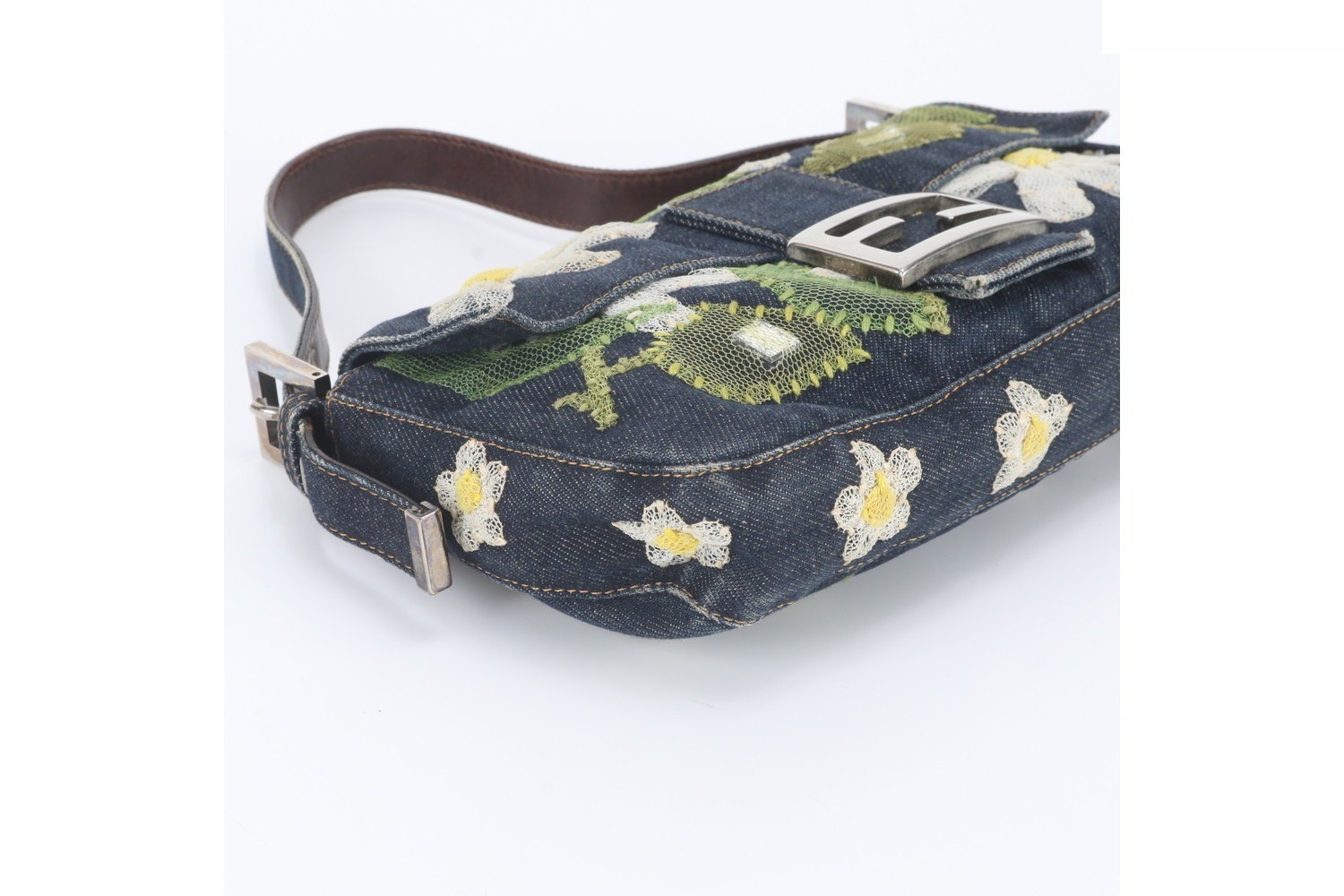 Flower Denim Mamma Bucket Baguette FF Hardware Leather Shoulder Bag — view 5