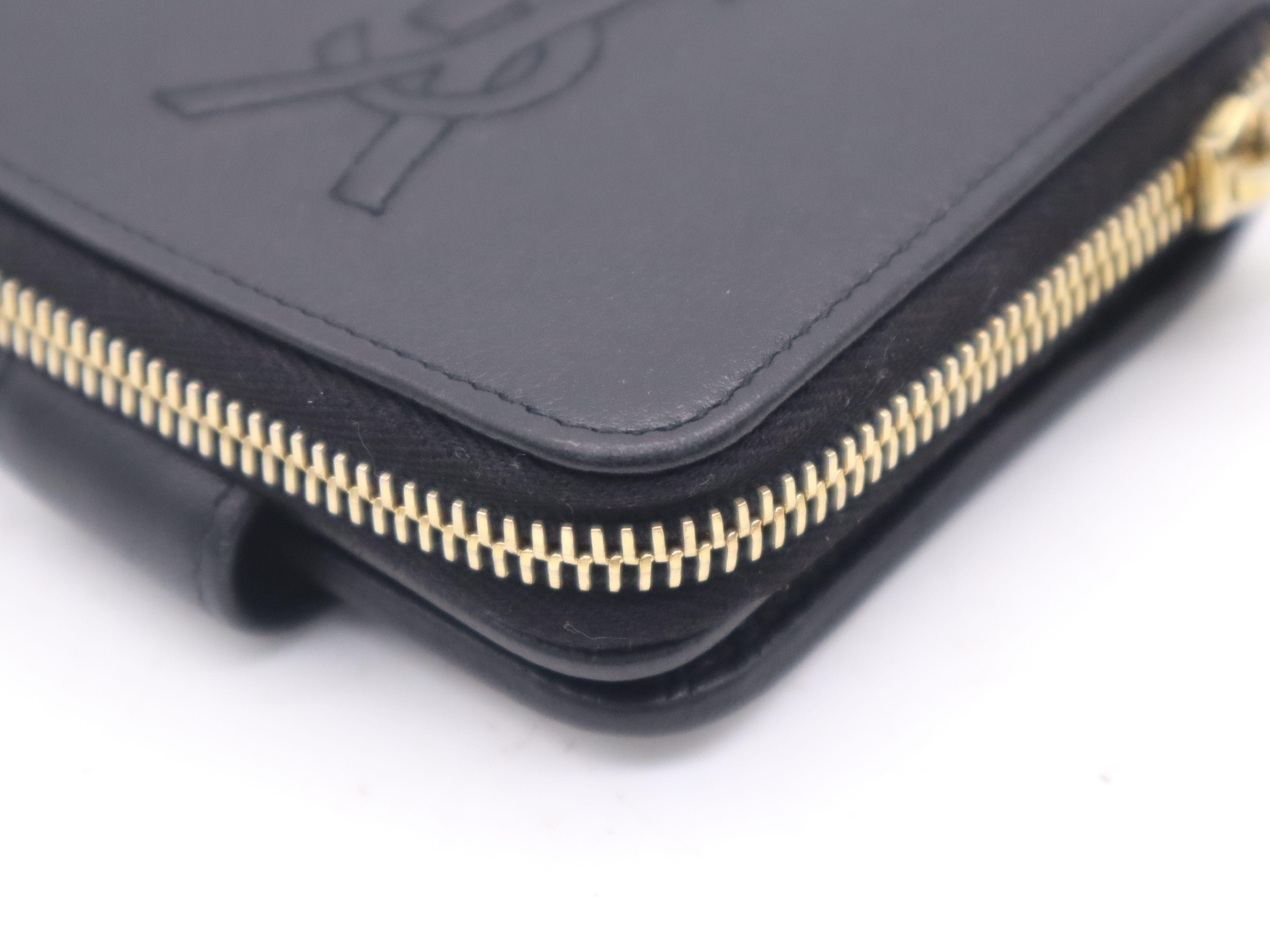 Leather YSL Logo Round Zip Compact Wallet, Black with Gold Hardware, Comes with Box. — view 6