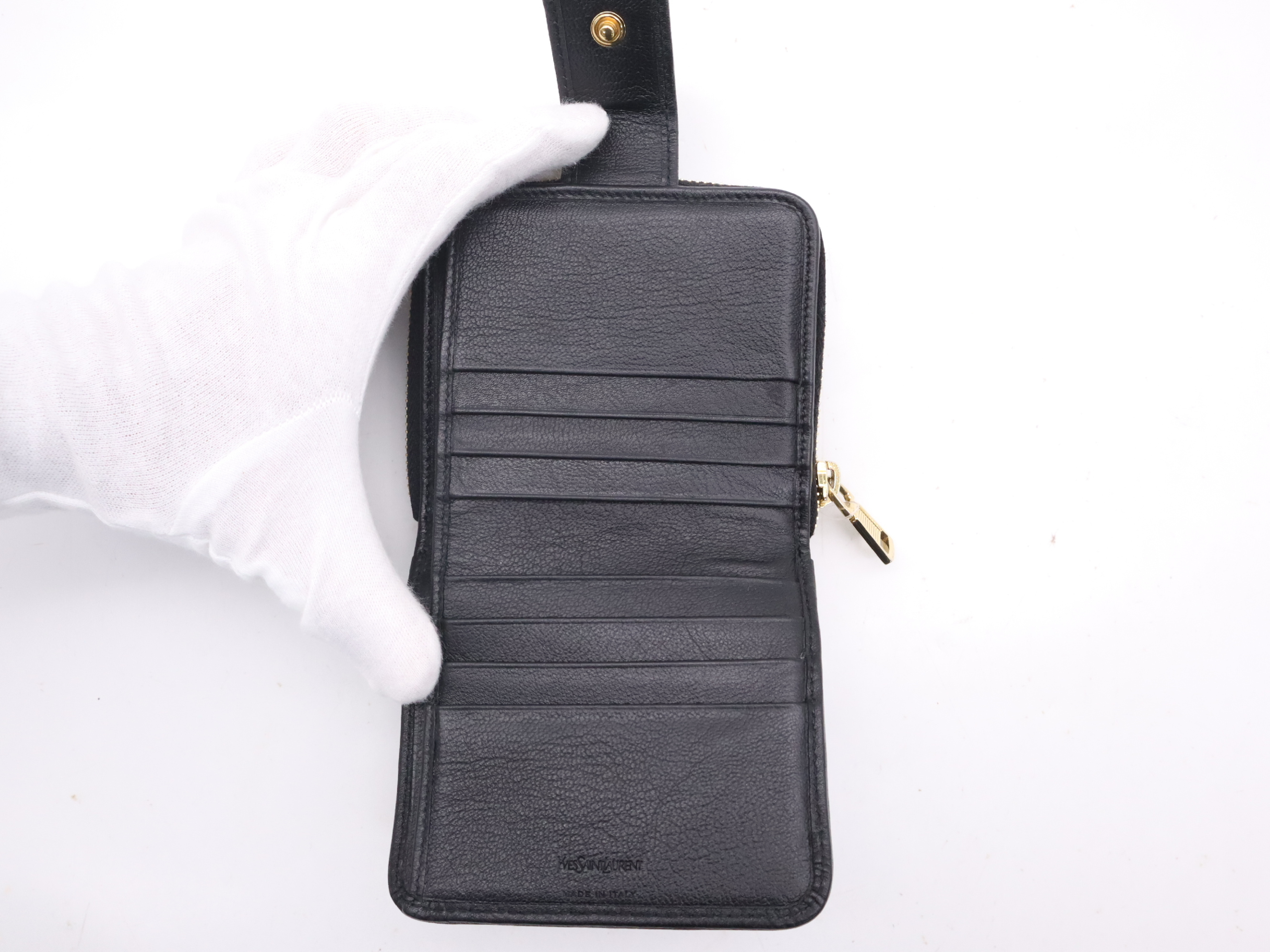 Leather YSL Logo Round Zip Compact Wallet, Black with Gold Hardware, Comes with Box. — view 8