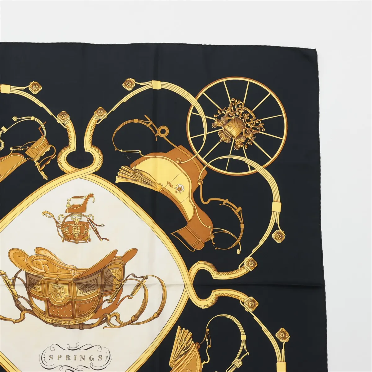 Carre 90 Springs scarf, silk, black. Shows signs of wear, — view 3