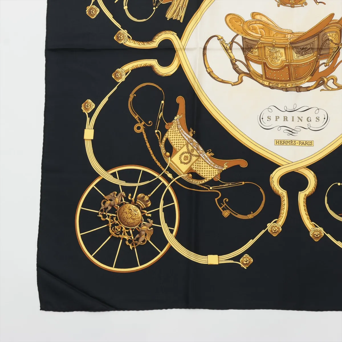 Carre 90 Springs scarf, silk, black. Shows signs of wear, — view 5