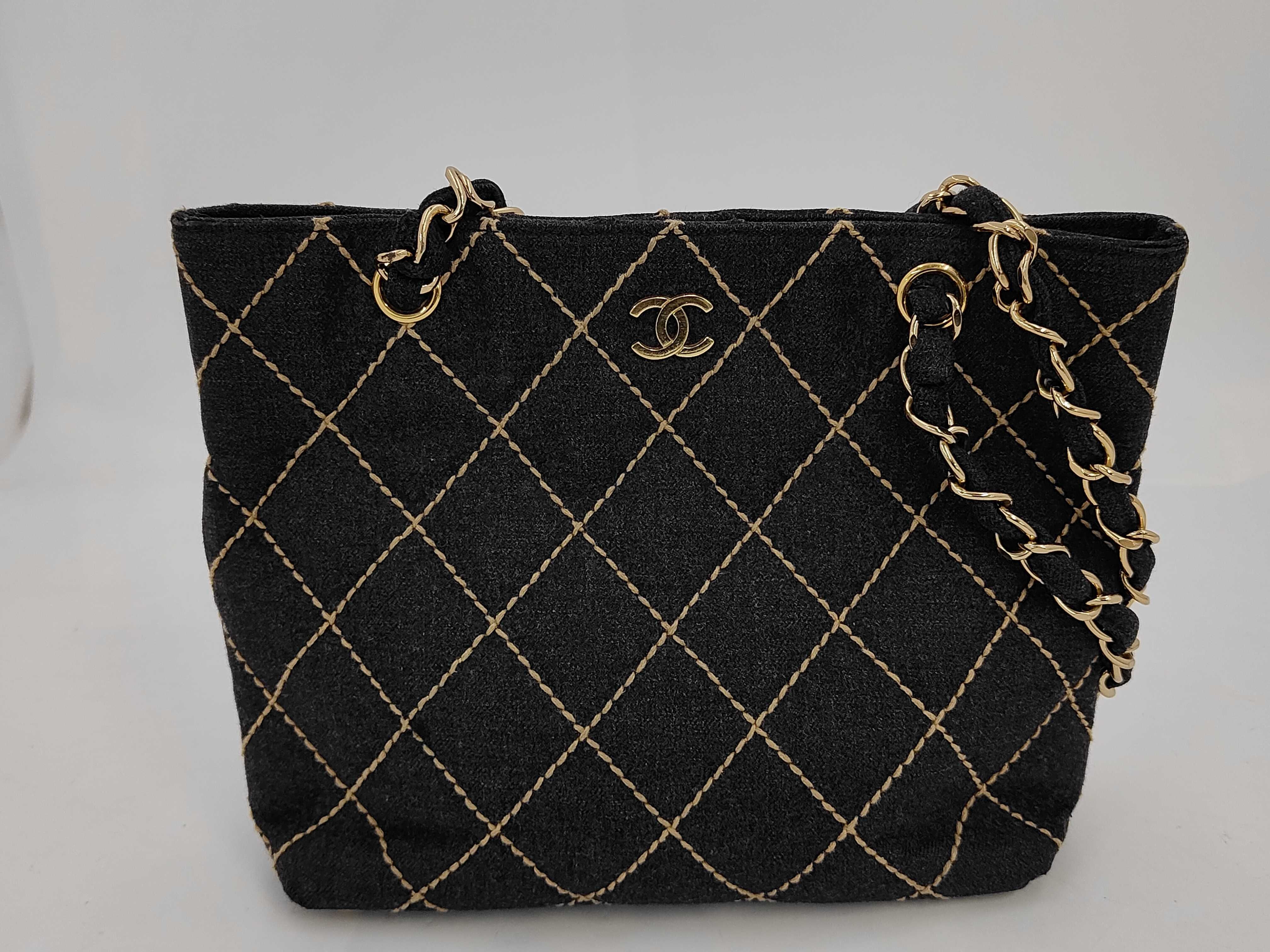 CC Logo Quilted Denim Shoulder Bag, Black, Double Chain Shoulder Bag