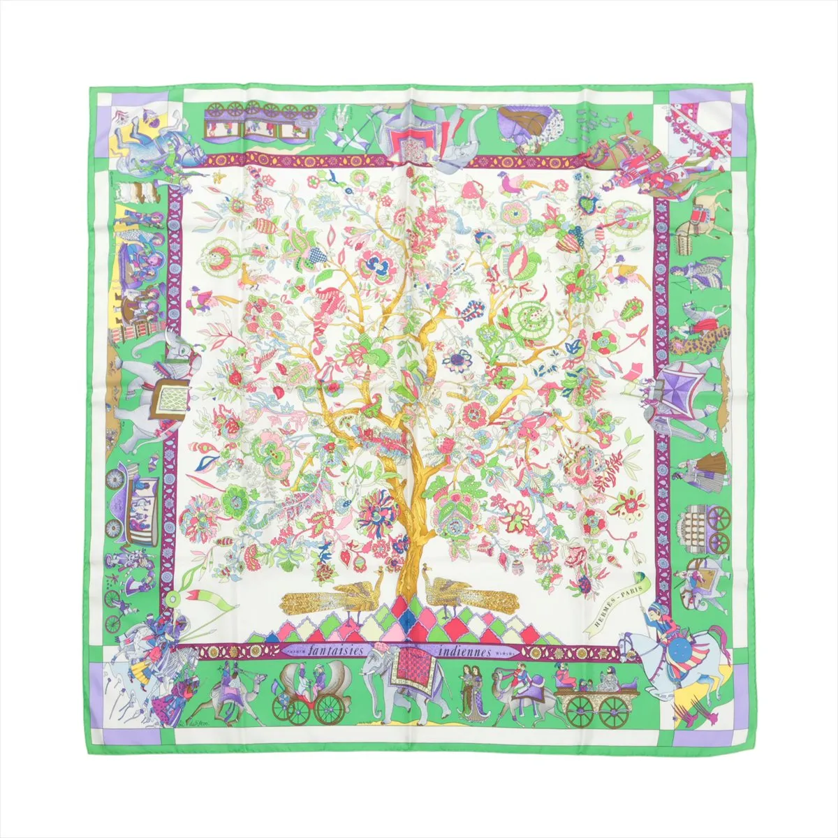 Carre 90 "Fantaisies indiennes" (Enchanting India) Scarf, Silk, Light Green, Shows signs of wear,