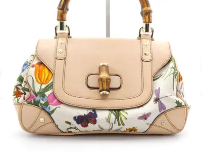 Bamboo Flora Canvas Leather Handbag