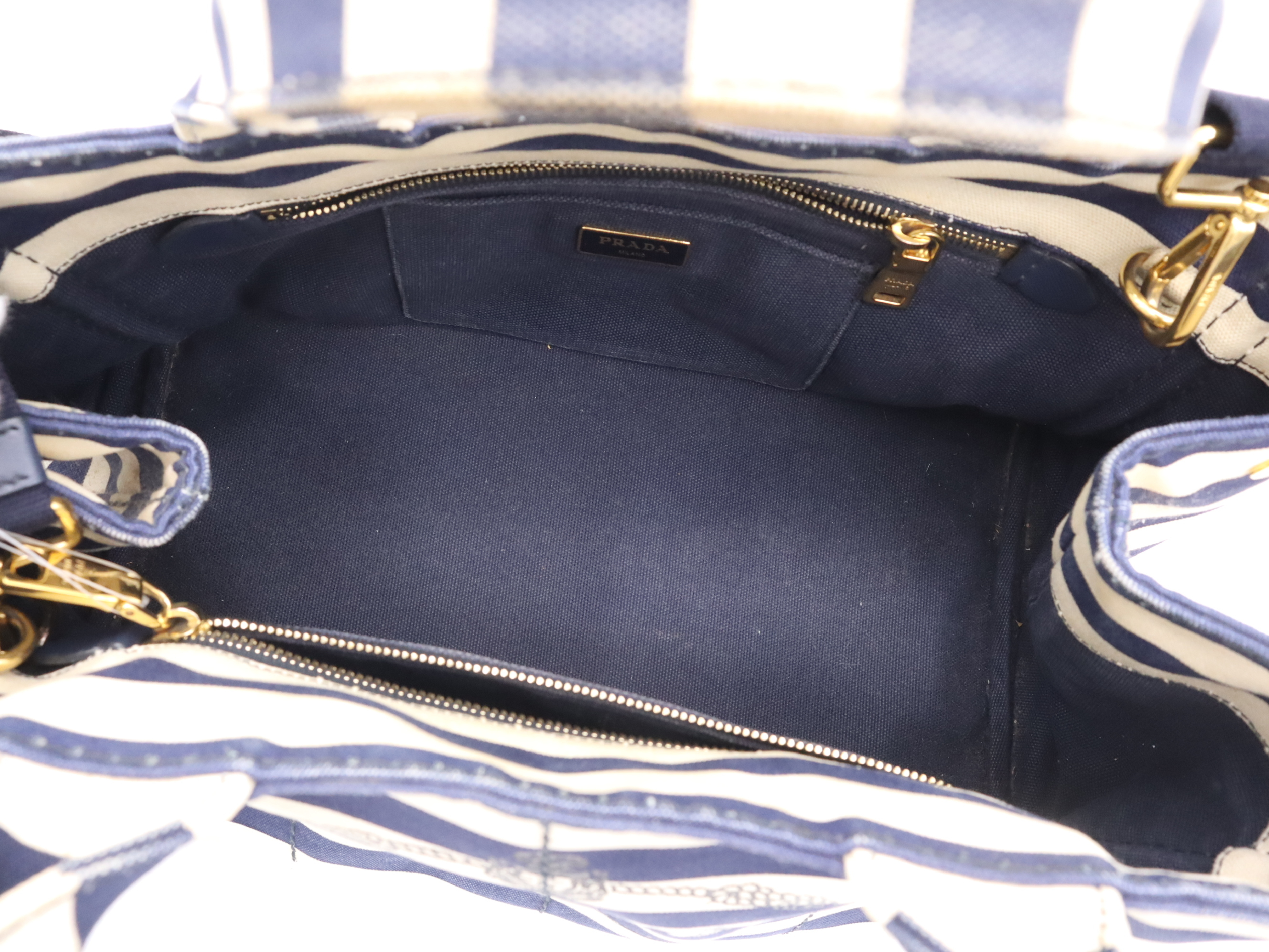 Denim Canapa Tote Bag, Navy, Gold Hardware, with Shoulder Strap and Card Holder. — view 12