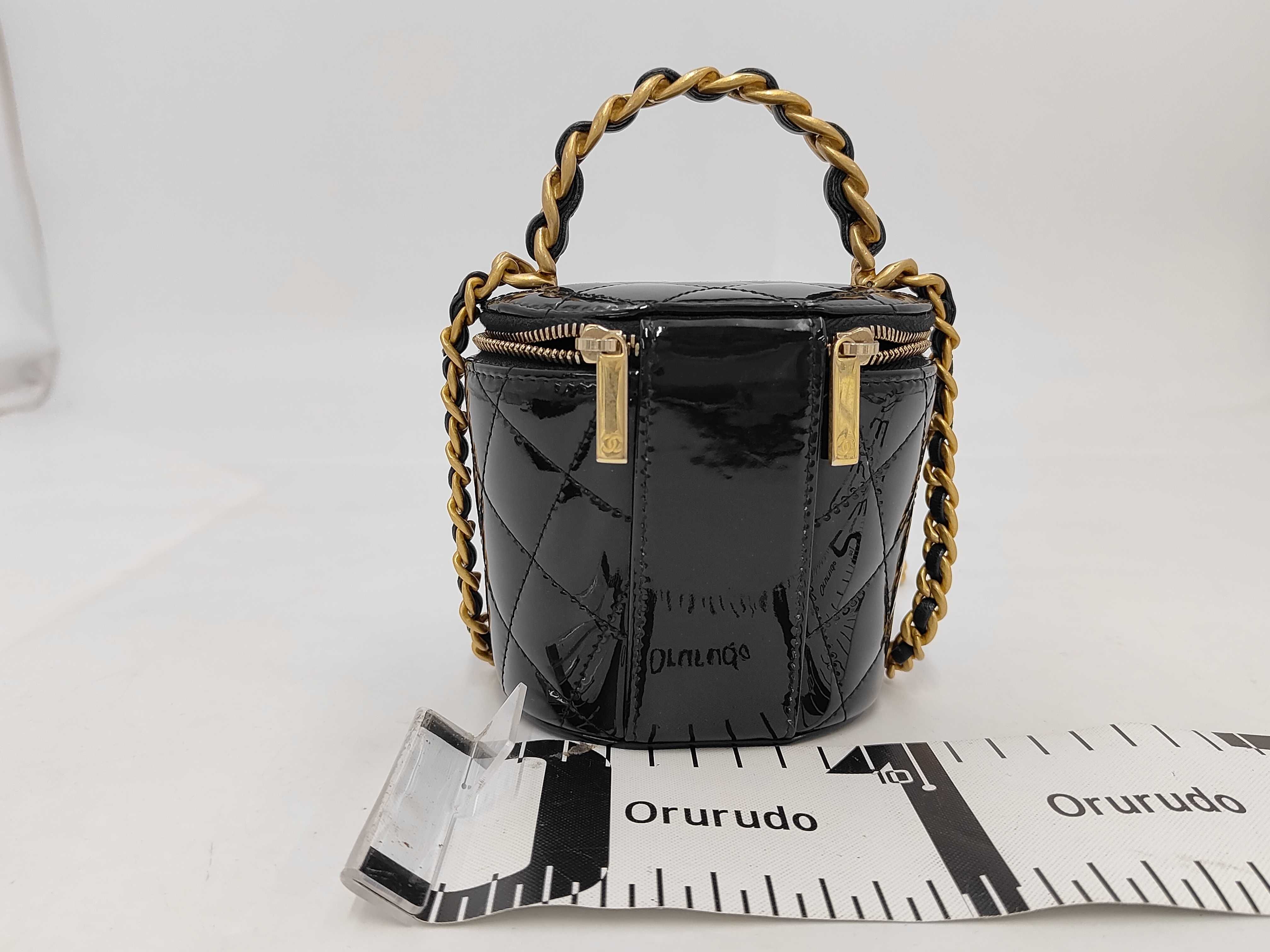 Matelassé Cylindrical Vanity Chain Shoulder Bag, Patent Leather, Black, Gold Hardware, Shoulder Bag — view 2