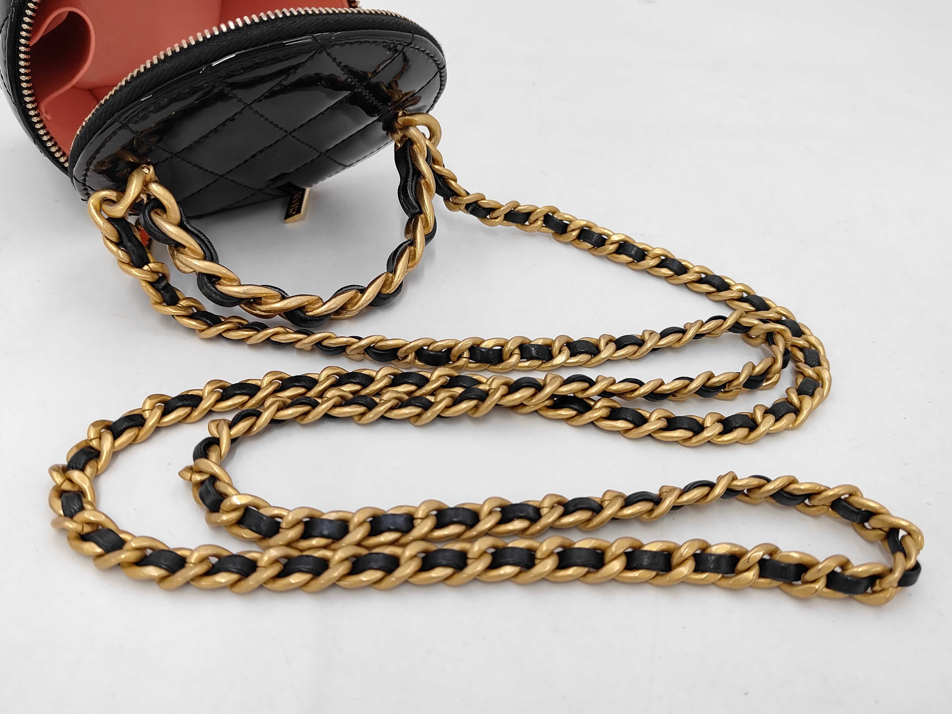 Matelassé Cylindrical Vanity Chain Shoulder Bag, Patent Leather, Black, Gold Hardware, Shoulder Bag — view 5