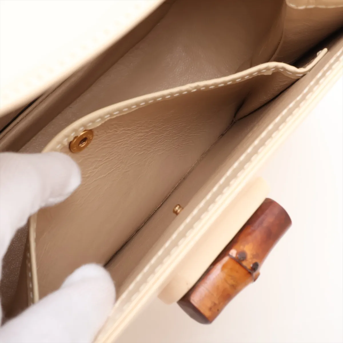 Old Gucci Bamboo Leather 2-Way Handbag, Beige, with Mirror — view 11