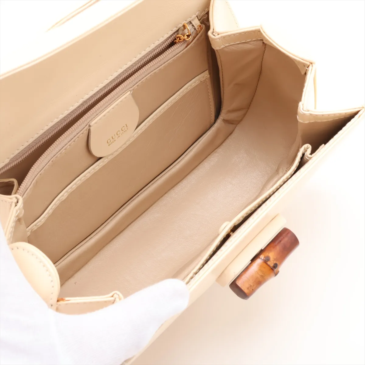Old Gucci Bamboo Leather 2-Way Handbag, Beige, with Mirror — view 8