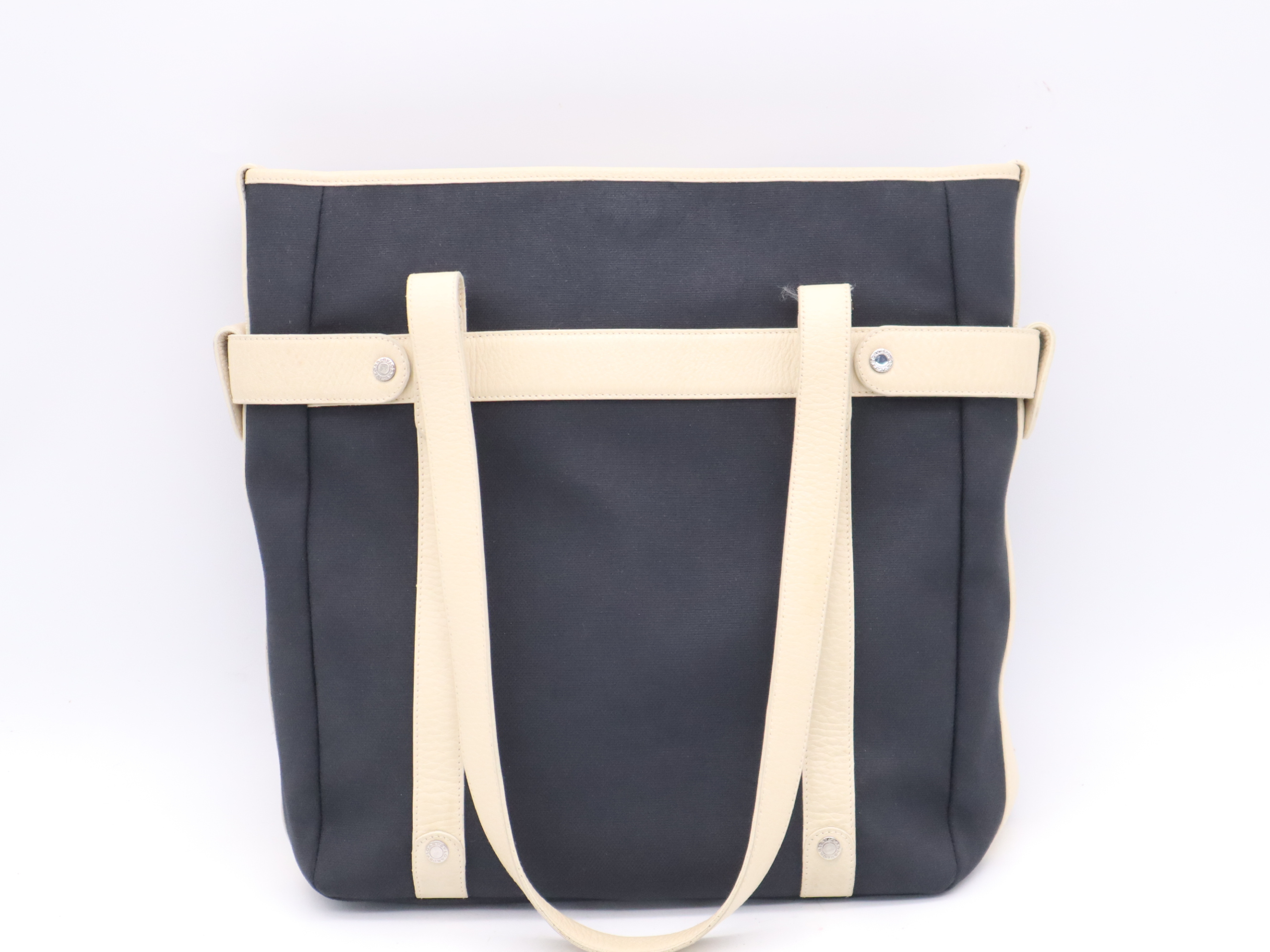 canvas and leather logo tote bag in navy and ivory with silver hardware. — view 2