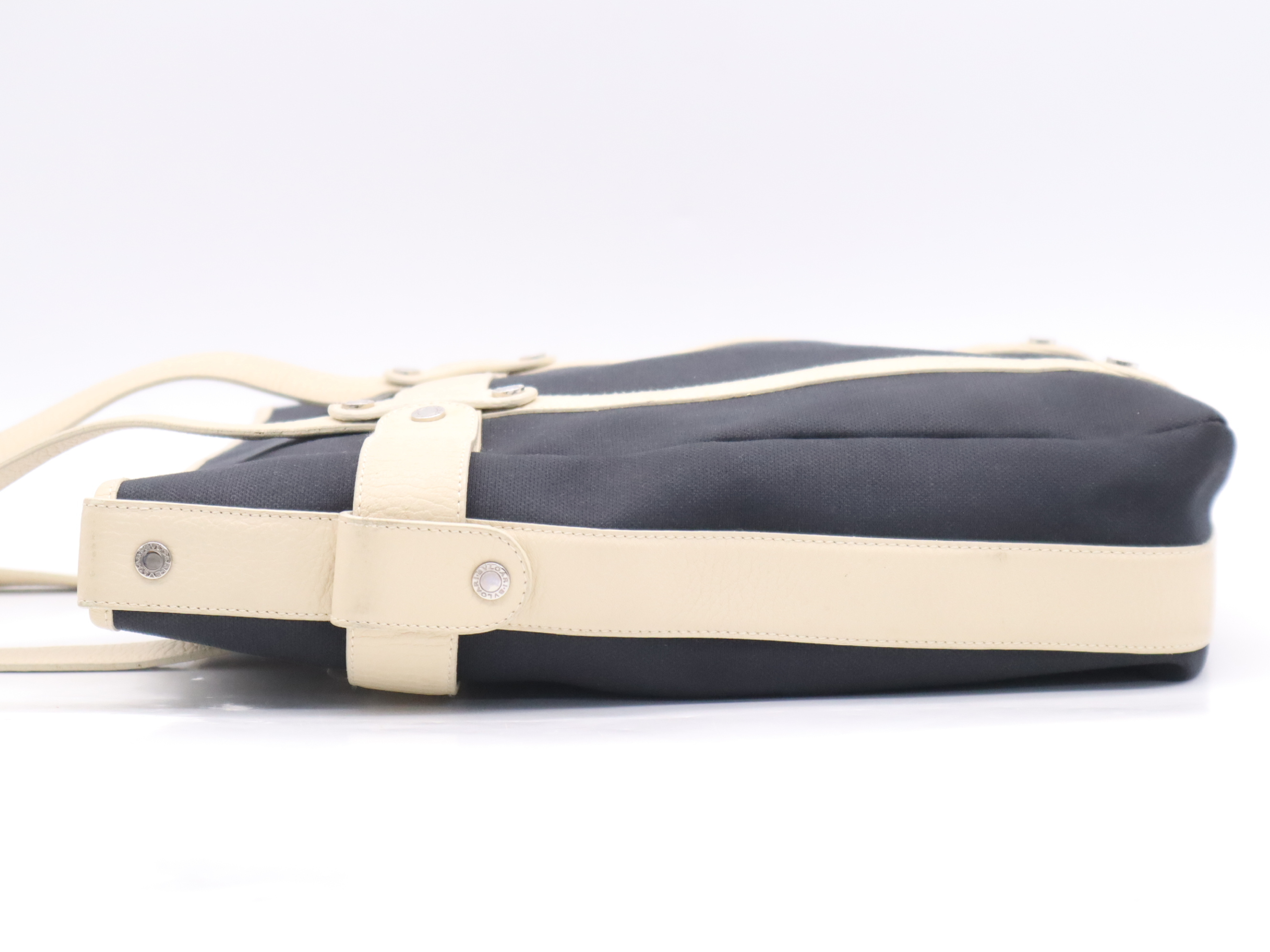 canvas and leather logo tote bag in navy and ivory with silver hardware. — view 3