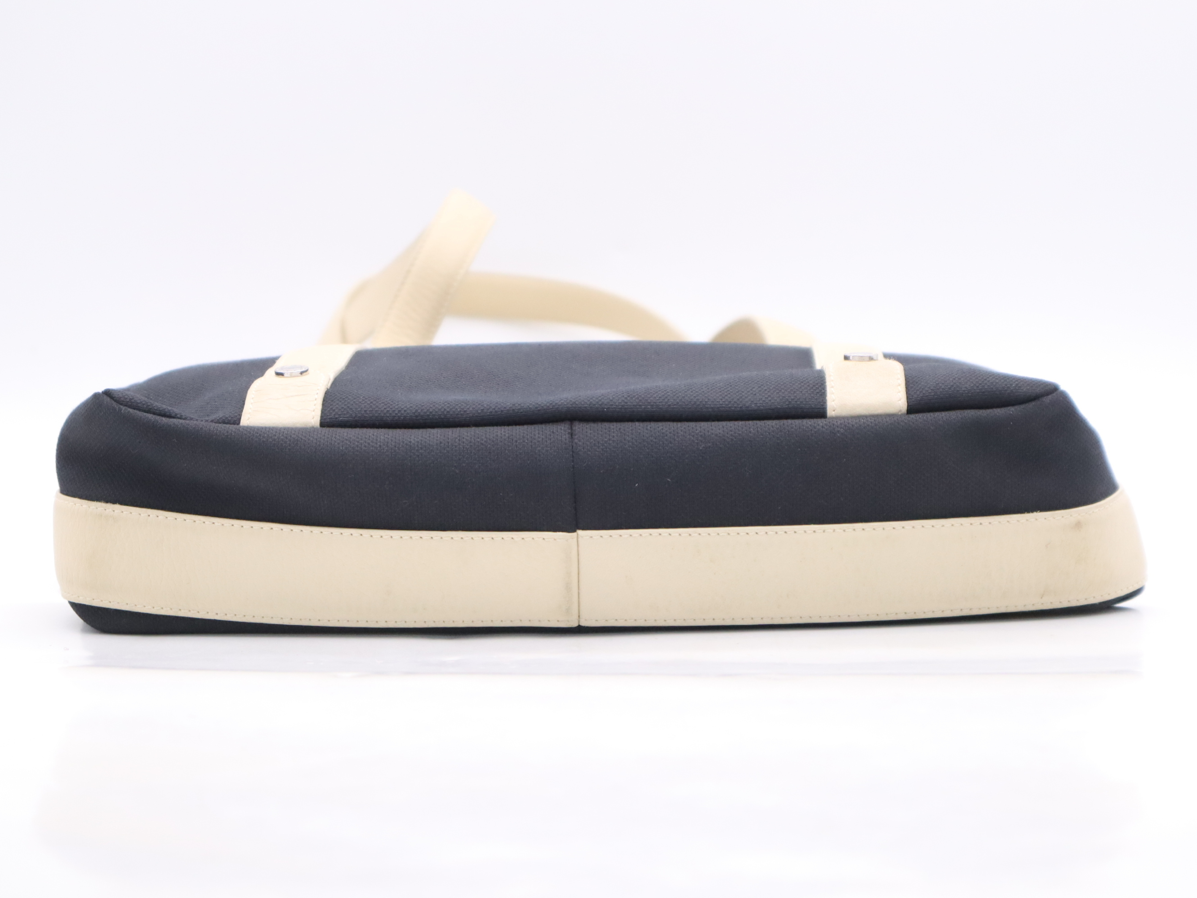 canvas and leather logo tote bag in navy and ivory with silver hardware. — view 4