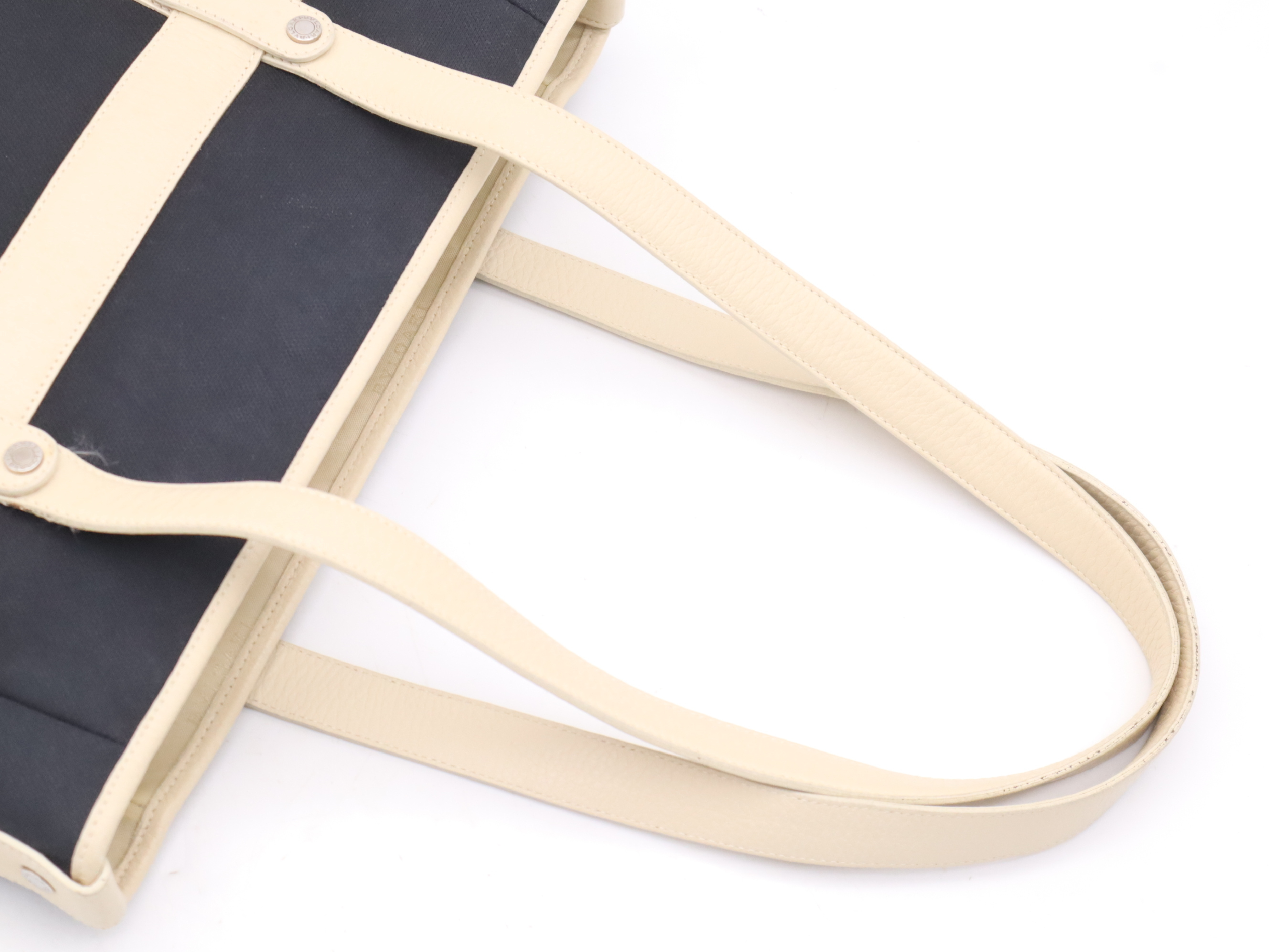 canvas and leather logo tote bag in navy and ivory with silver hardware. — view 6