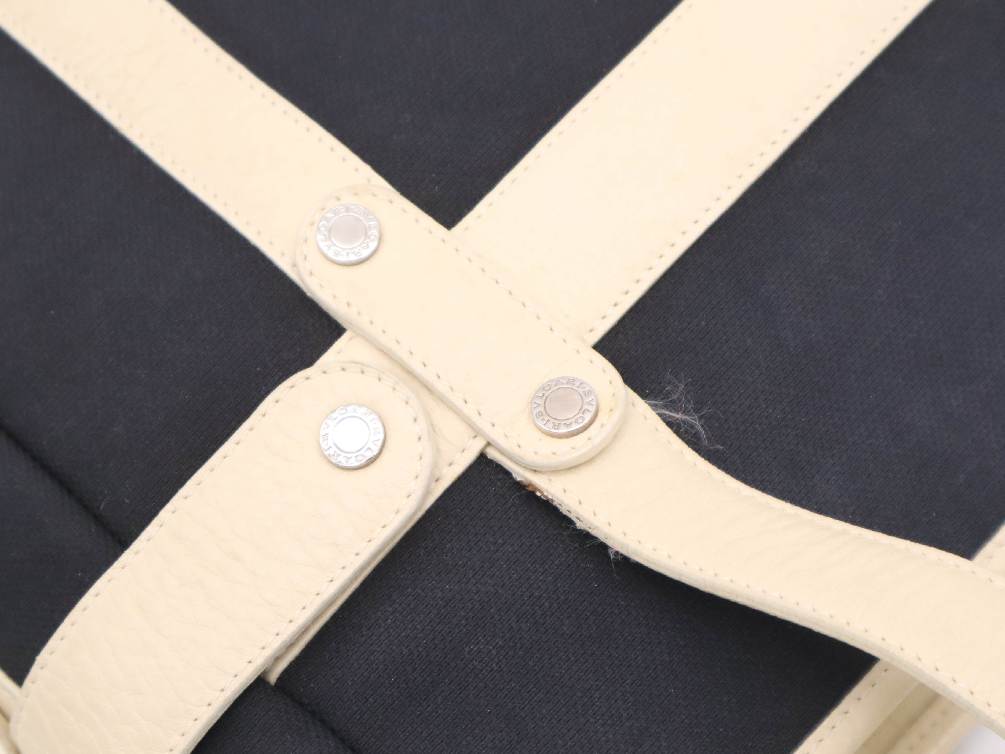 canvas and leather logo tote bag in navy and ivory with silver hardware. — view 7