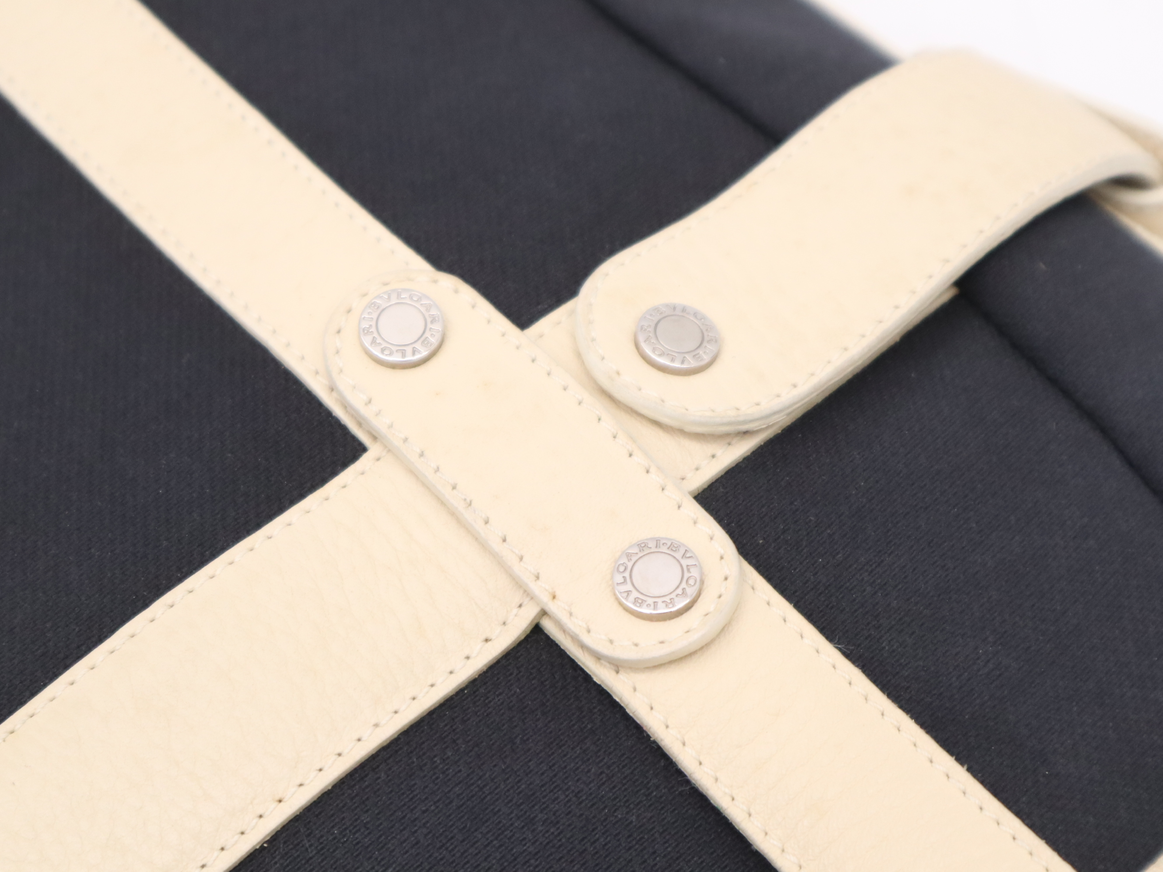 canvas and leather logo tote bag in navy and ivory with silver hardware. — view 8