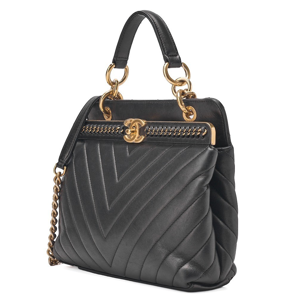 Lambskin V-stitch chain shoulder bag, black, gold hardware, serial number 24. — view 3