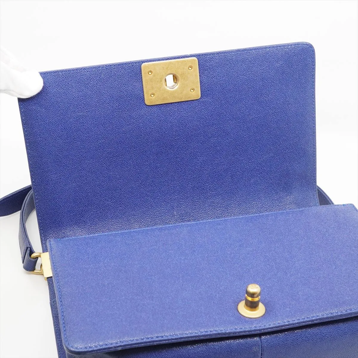 Boy Chanel 25 Caviar Skin Chain Shoulder Bag, Matelassé, Blue with Gold Hardware, 28113287 — view 11