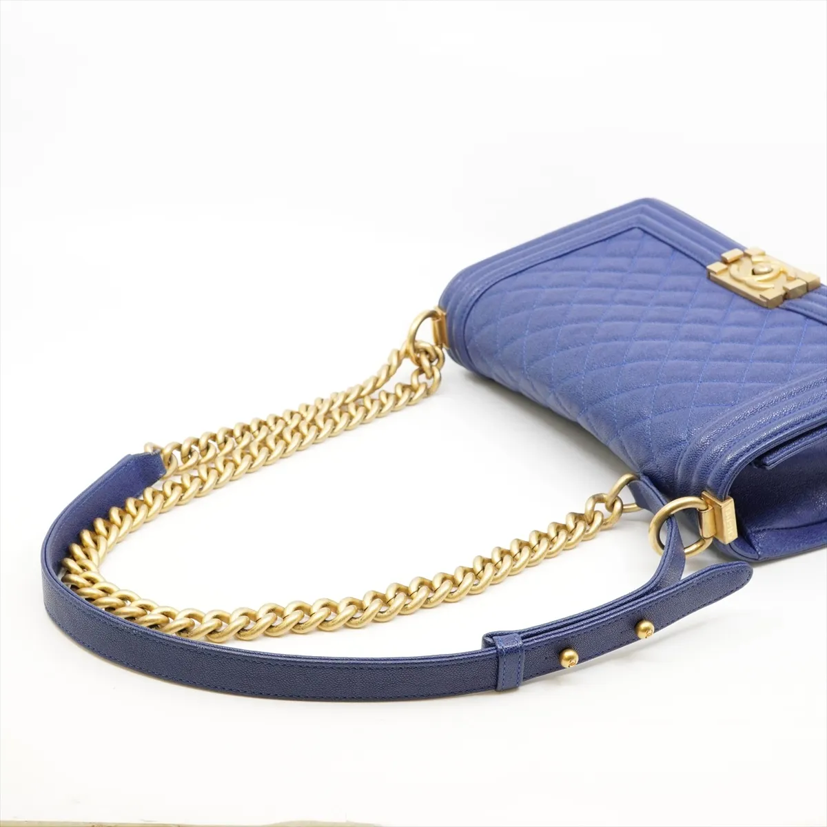 Boy Chanel 25 Caviar Skin Chain Shoulder Bag, Matelassé, Blue with Gold Hardware, 28113287 — view 5