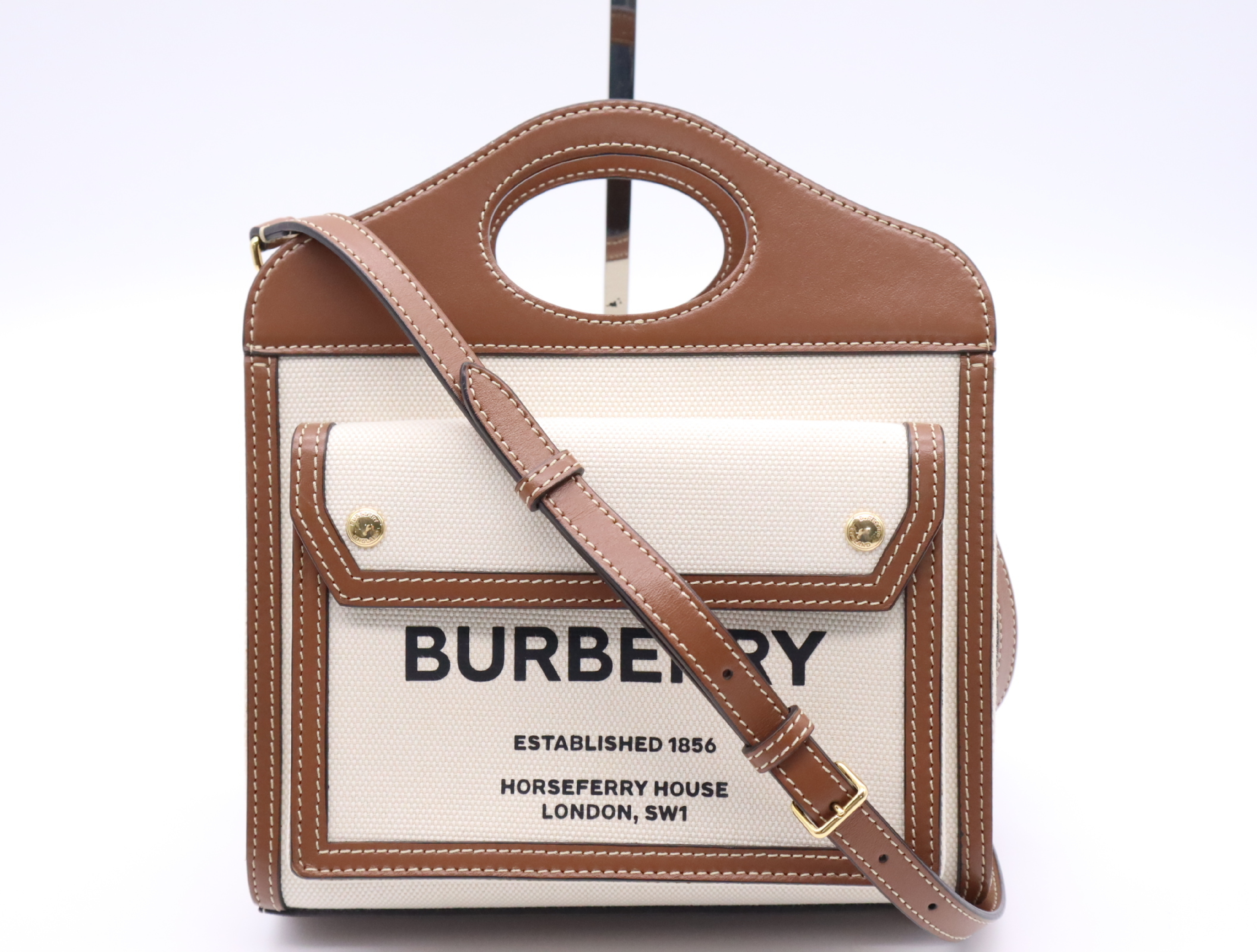 Cotton x Leather Logo Mini Pocket Bag, White/Brown, Gold Hardware, with Shoulder Strap (Shoulder Bag)