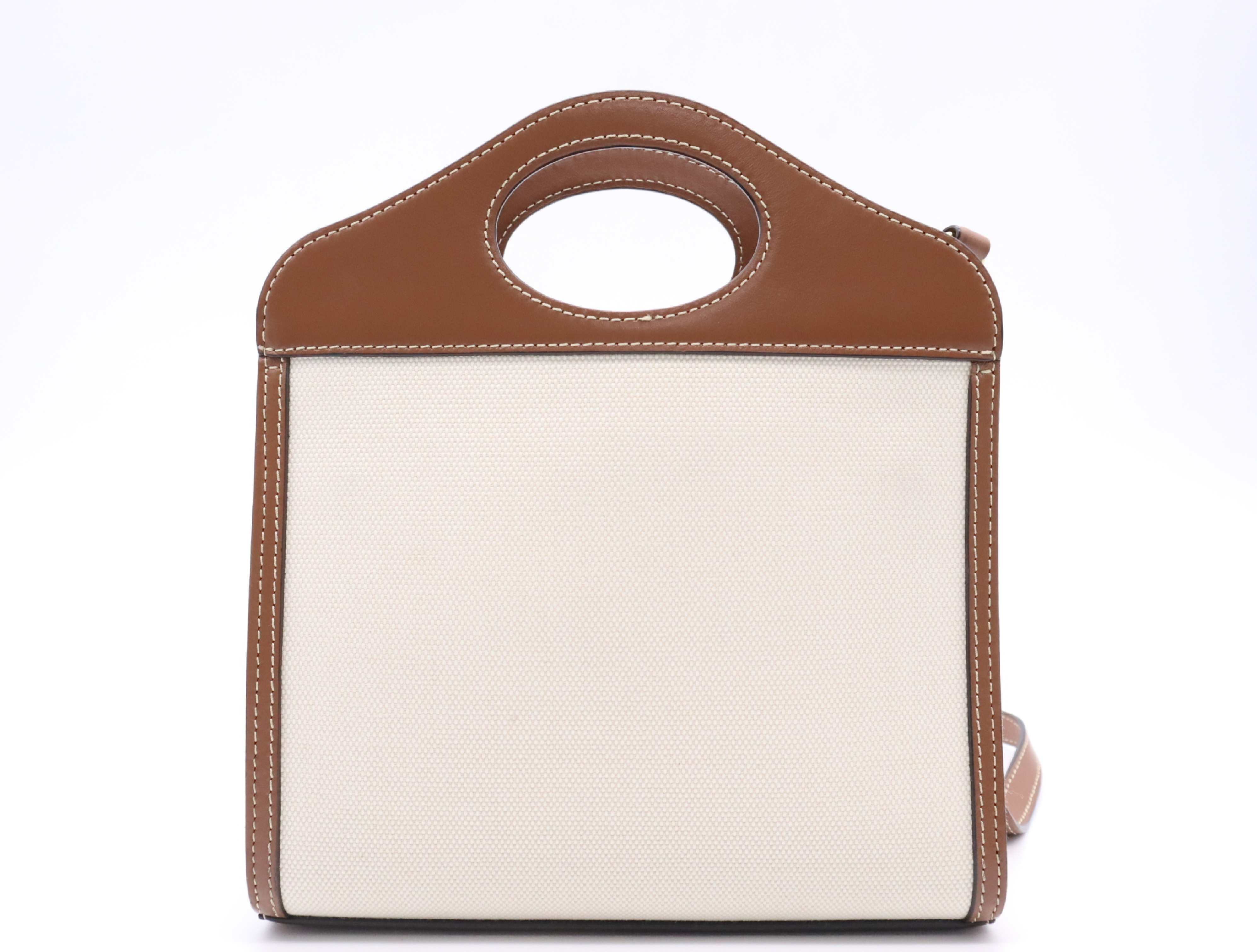 Cotton x Leather Logo Mini Pocket Bag, White/Brown, Gold Hardware, with Shoulder Strap (Shoulder Bag) — view 2