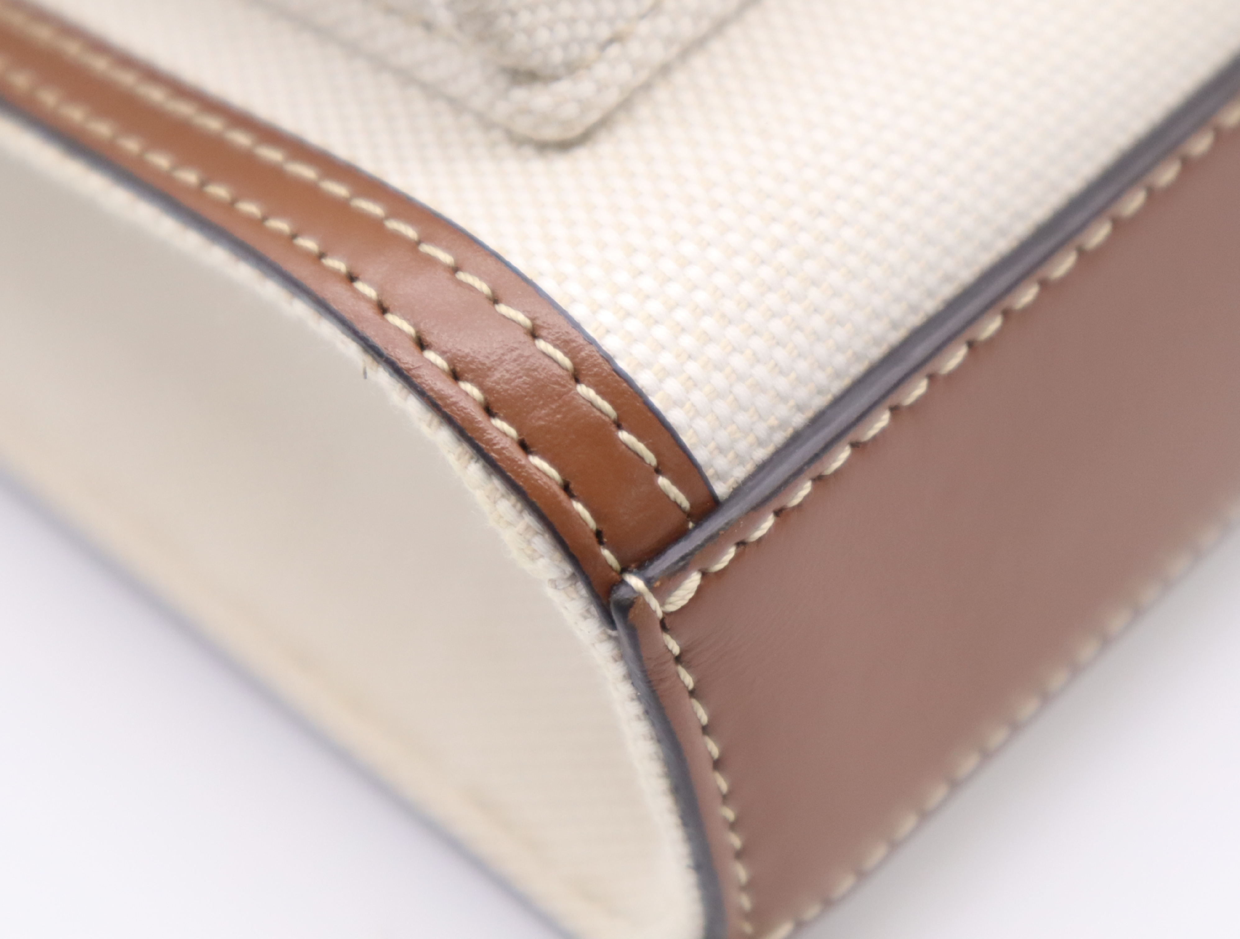 Cotton x Leather Logo Mini Pocket Bag, White/Brown, Gold Hardware, with Shoulder Strap (Shoulder Bag) — view 6