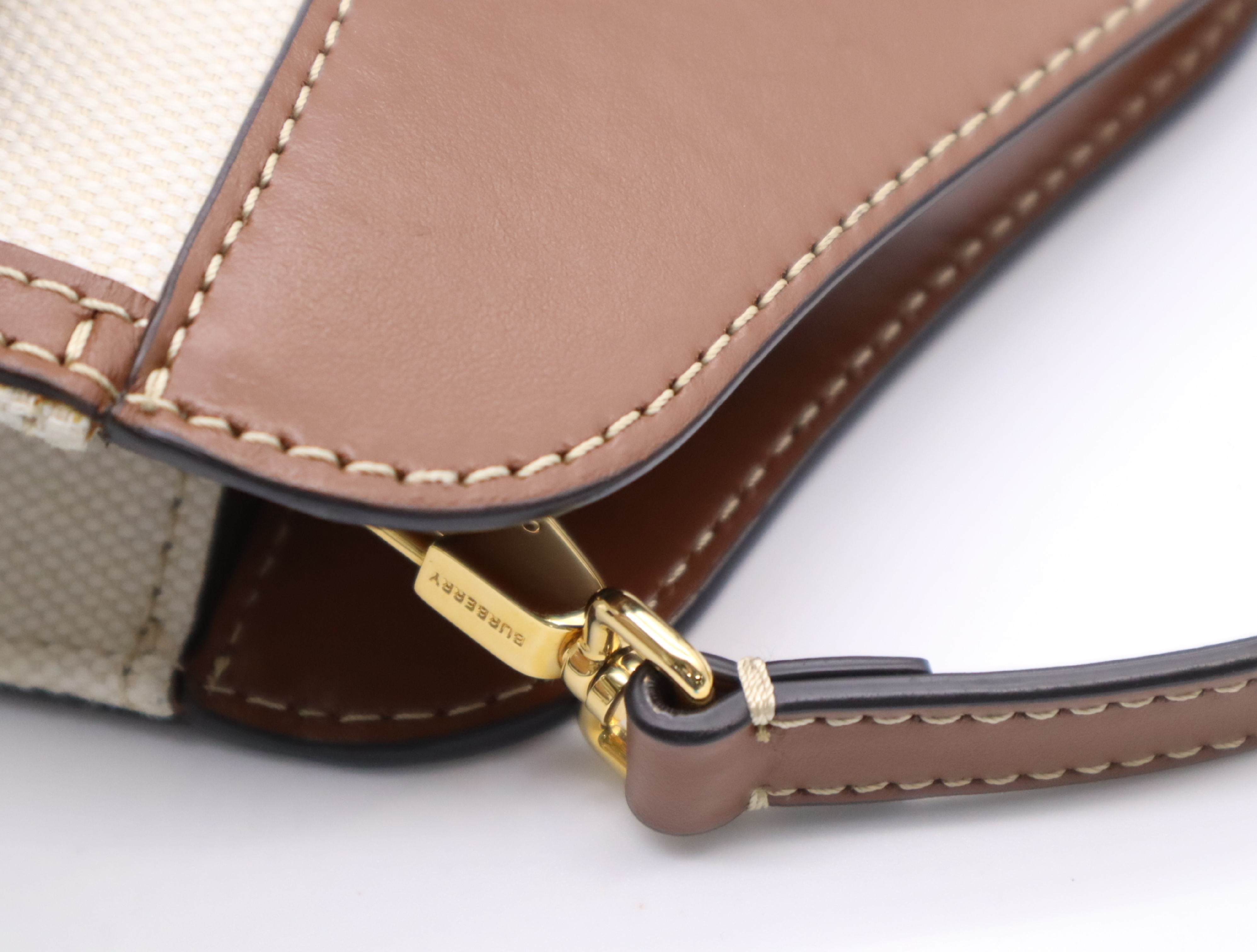 Cotton x Leather Logo Mini Pocket Bag, White/Brown, Gold Hardware, with Shoulder Strap (Shoulder Bag) — view 8