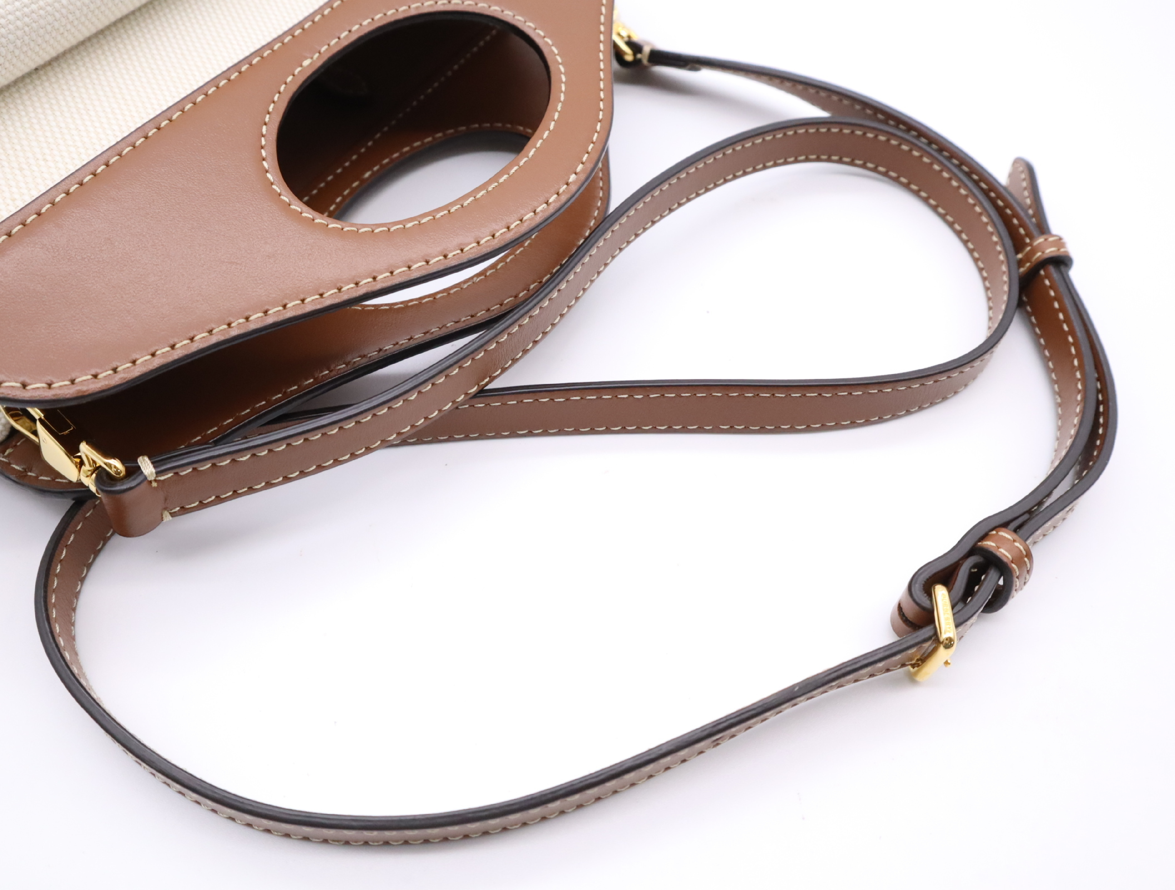 Cotton x Leather Logo Mini Pocket Bag, White/Brown, Gold Hardware, with Shoulder Strap (Shoulder Bag) — view 10