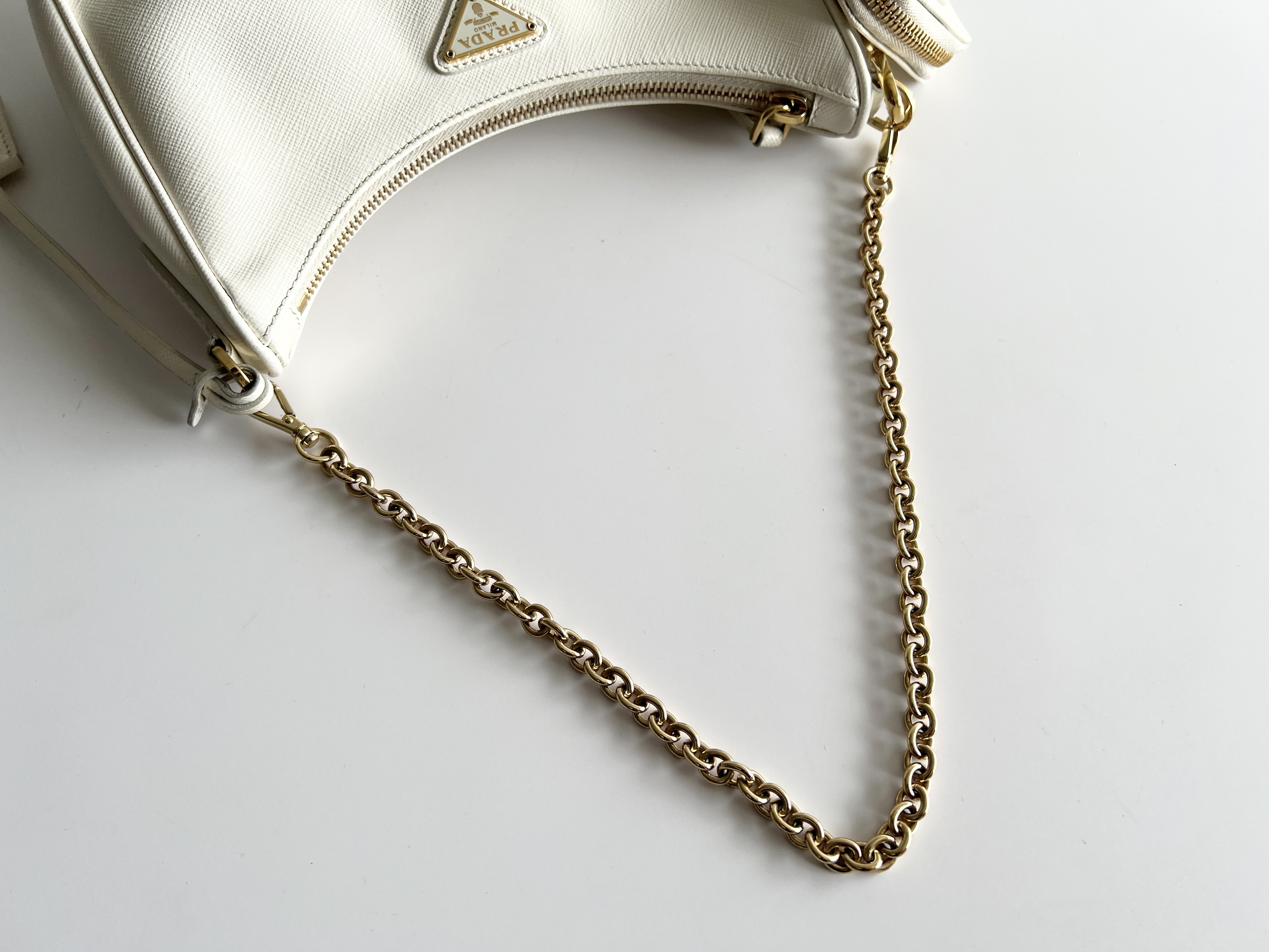 Re-Edition Saffiano Hobo Moon Leather Triangle Logo 2-Way Chain Shoulder Bag with Pouch — view 7