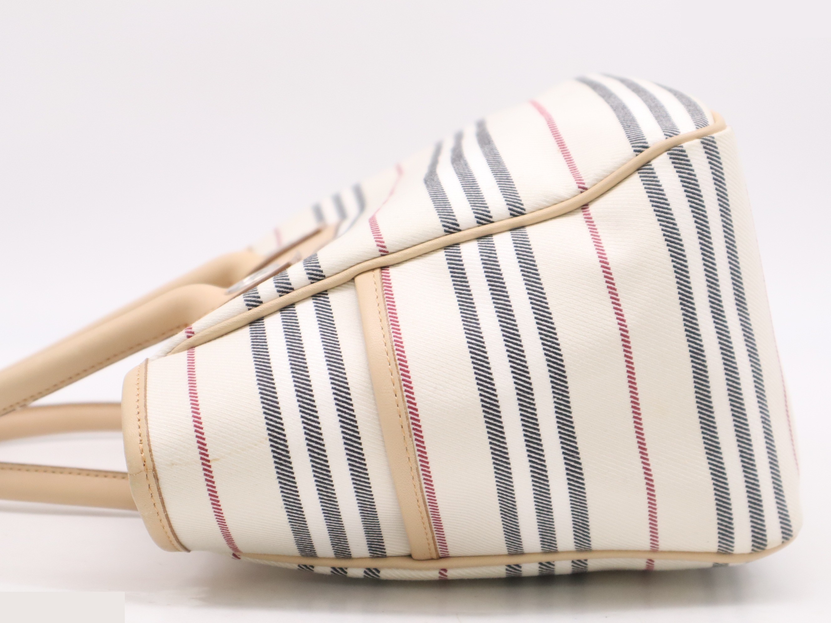 Canvas x leather tote bag handbag striped pattern beige — view 3