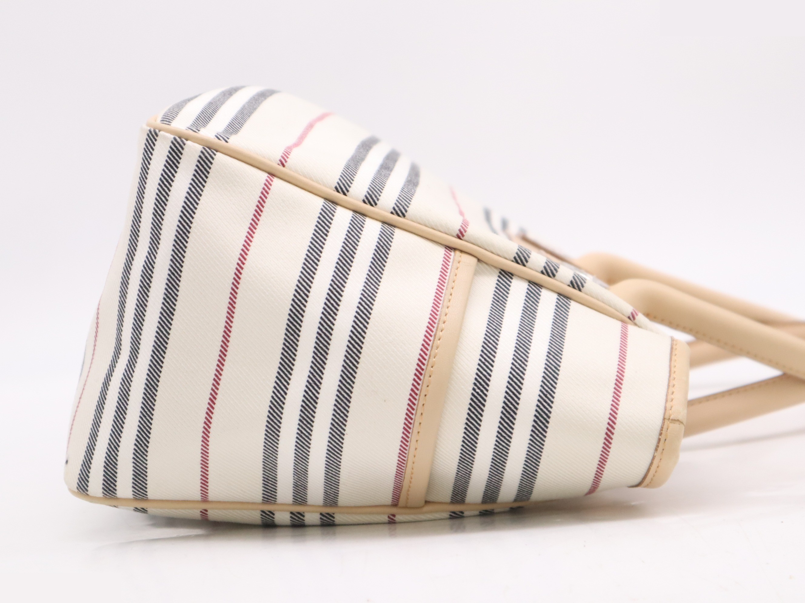 Canvas x leather tote bag handbag striped pattern beige — view 5