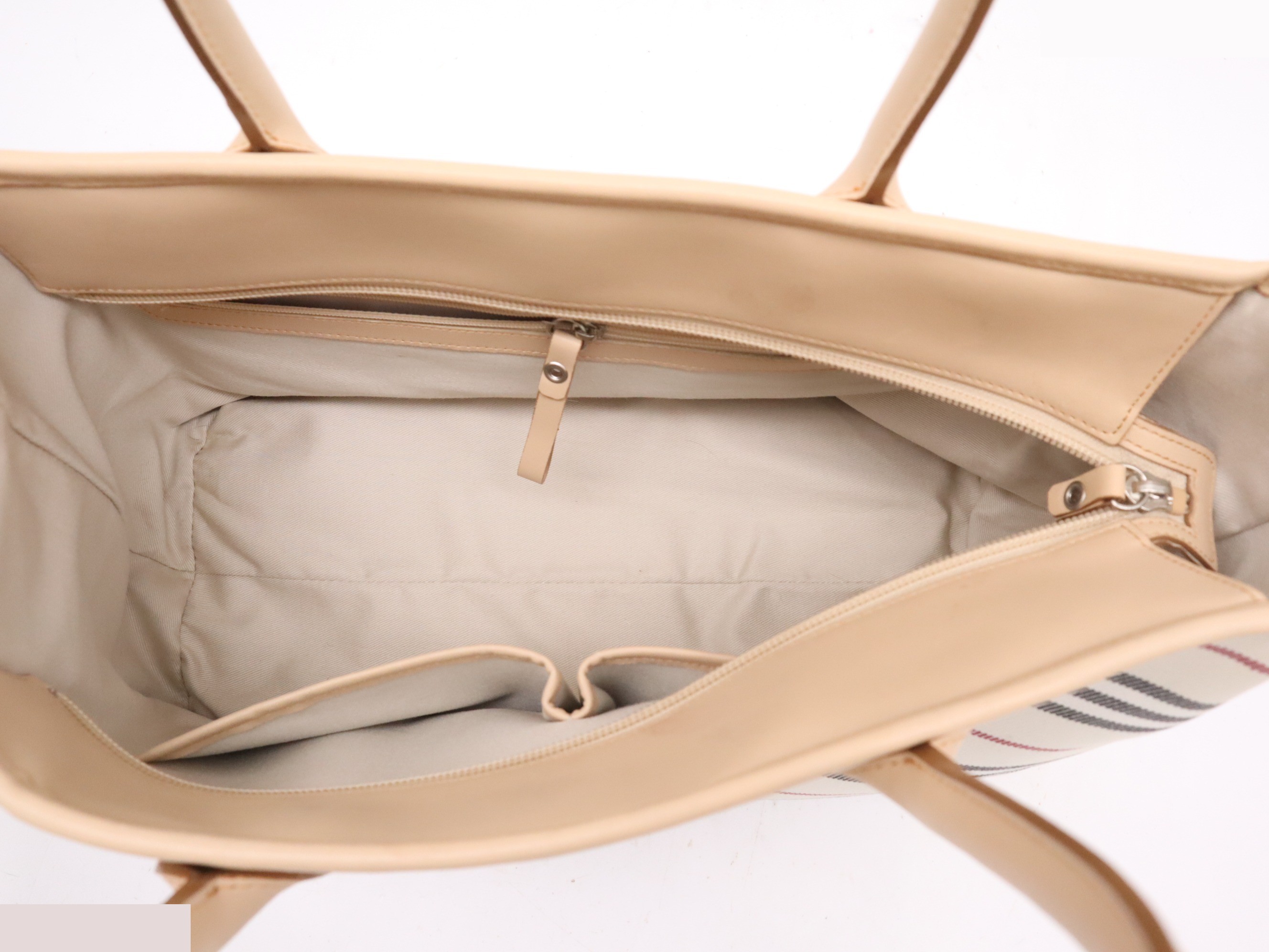 Canvas x leather tote bag handbag striped pattern beige — view 7