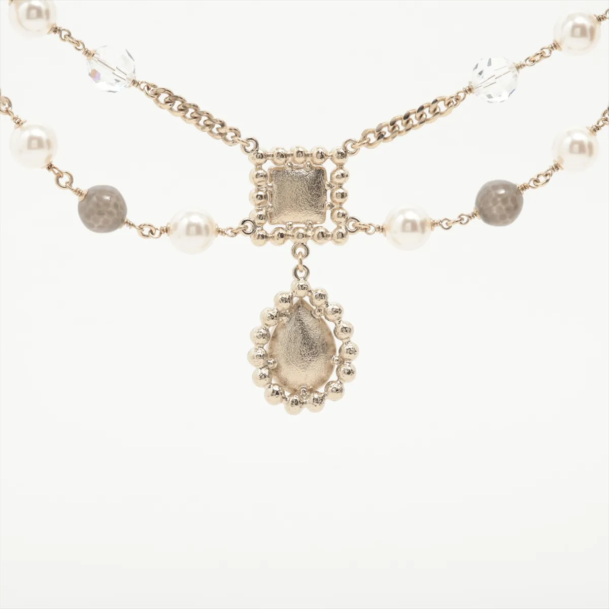 Coco Mark G21V Necklace, GP x Rhinestone x Faux Pearl, Gold, — view 2