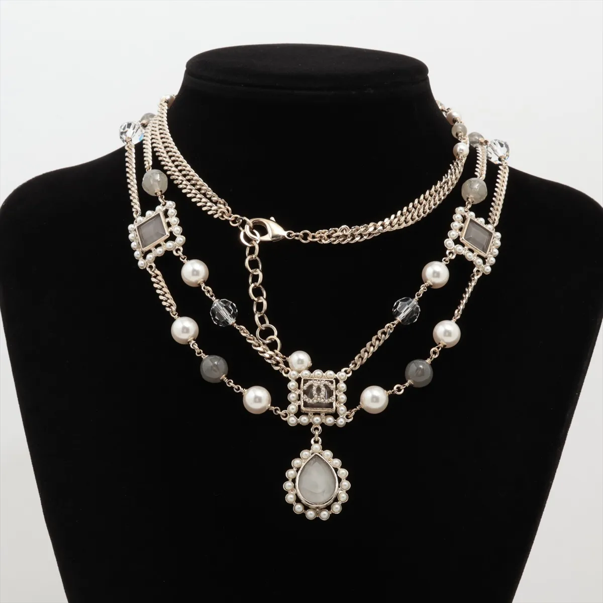 Coco Mark G21V Necklace, GP x Rhinestone x Faux Pearl, Gold, — view 5