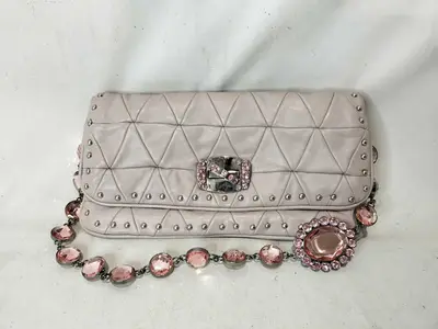 2-way Leather Clutch Handbag with Beads and Studs