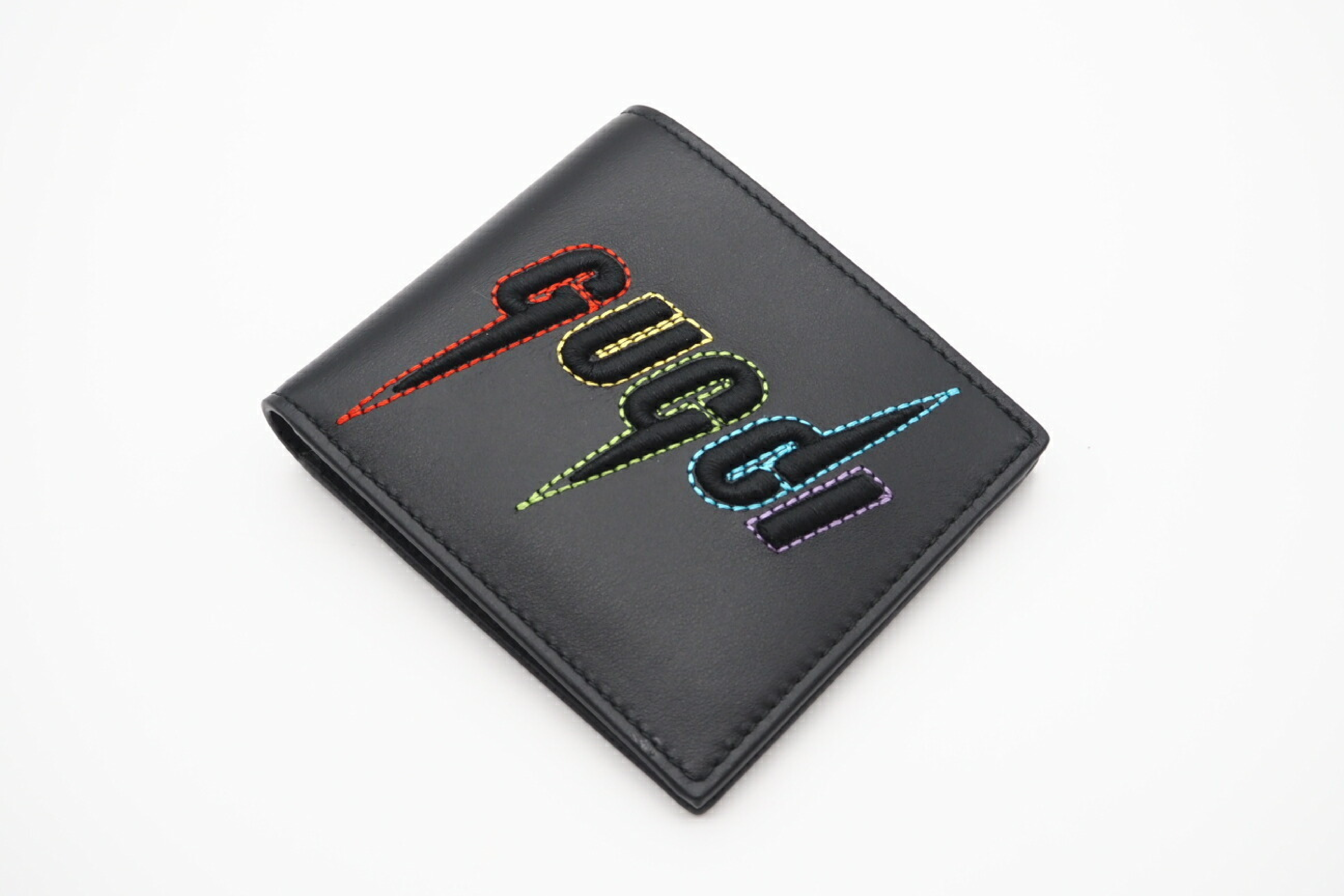 597674 Embroidered Leather Bi-fold Wallet, Black/Multicolor, with Dust Bag and Box, Billfold — view 2