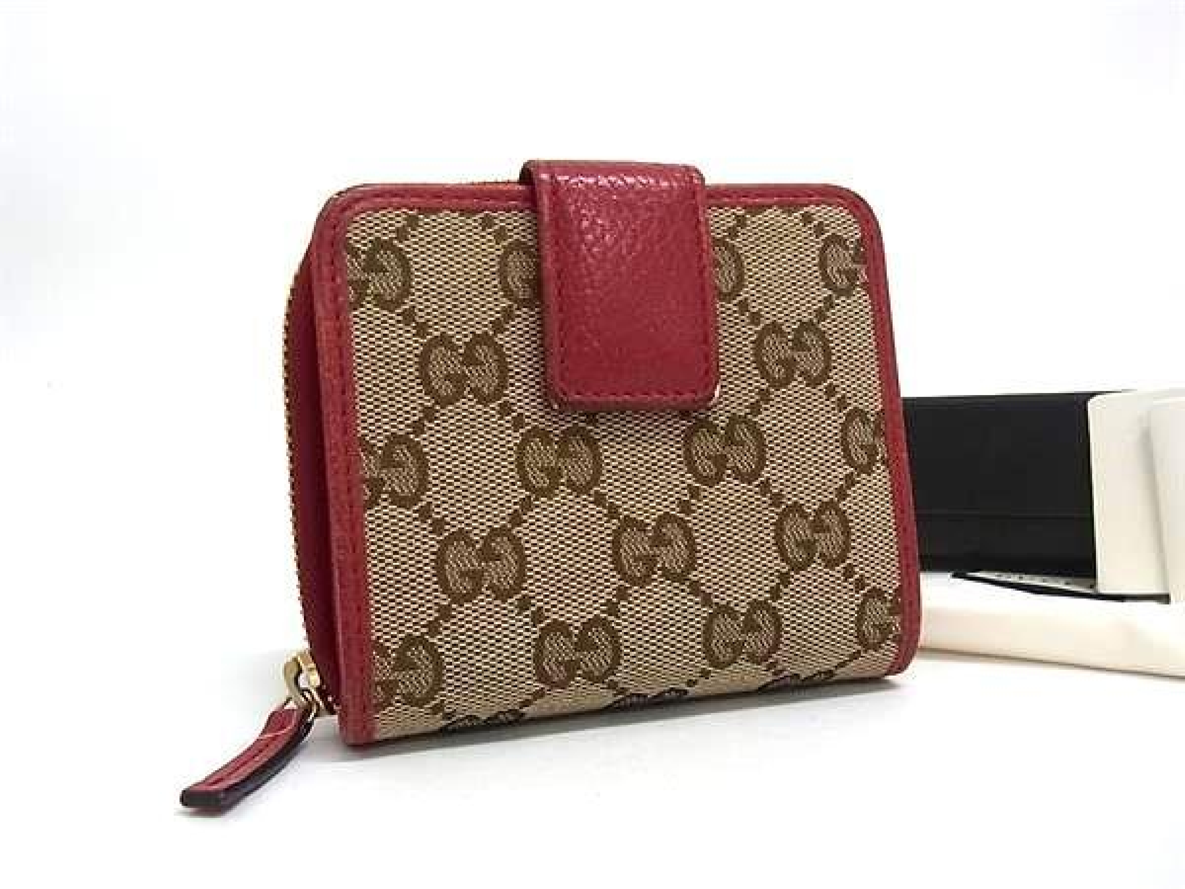 346056 2184 GG Canvas x Leather Bi-fold Wallet, Billfold, Coin Purse, Card Slots, Brown x Red, HE161