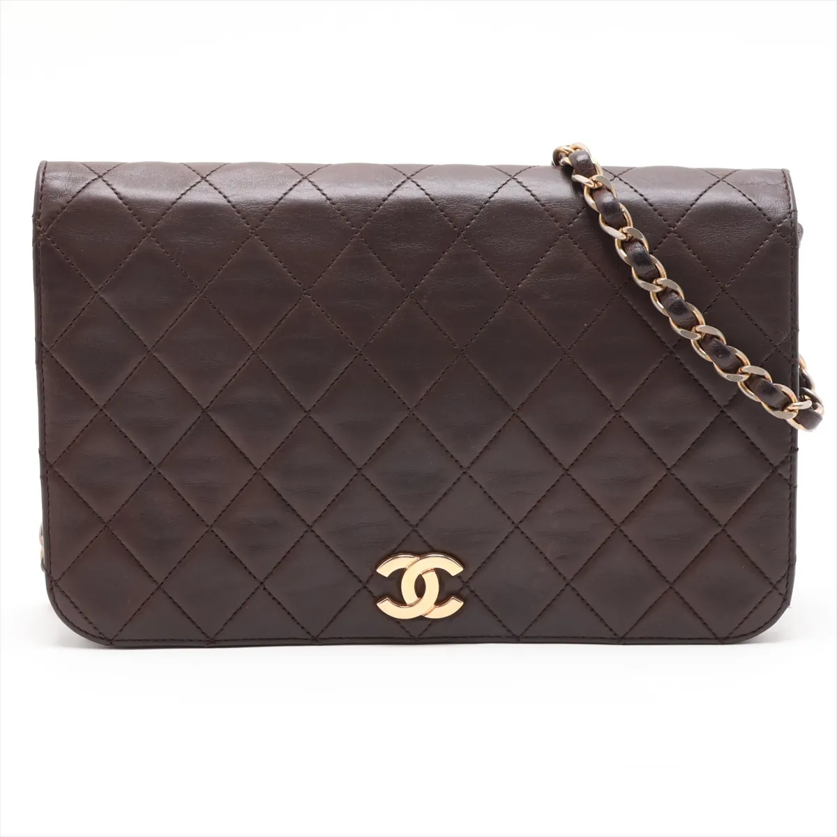 Matelassé Lambskin Chain Shoulder Bag, Push-Lock, Brown, Gold Hardware