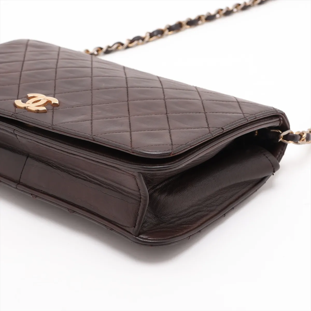 Matelassé Lambskin Chain Shoulder Bag, Push-Lock, Brown, Gold Hardware — view 3