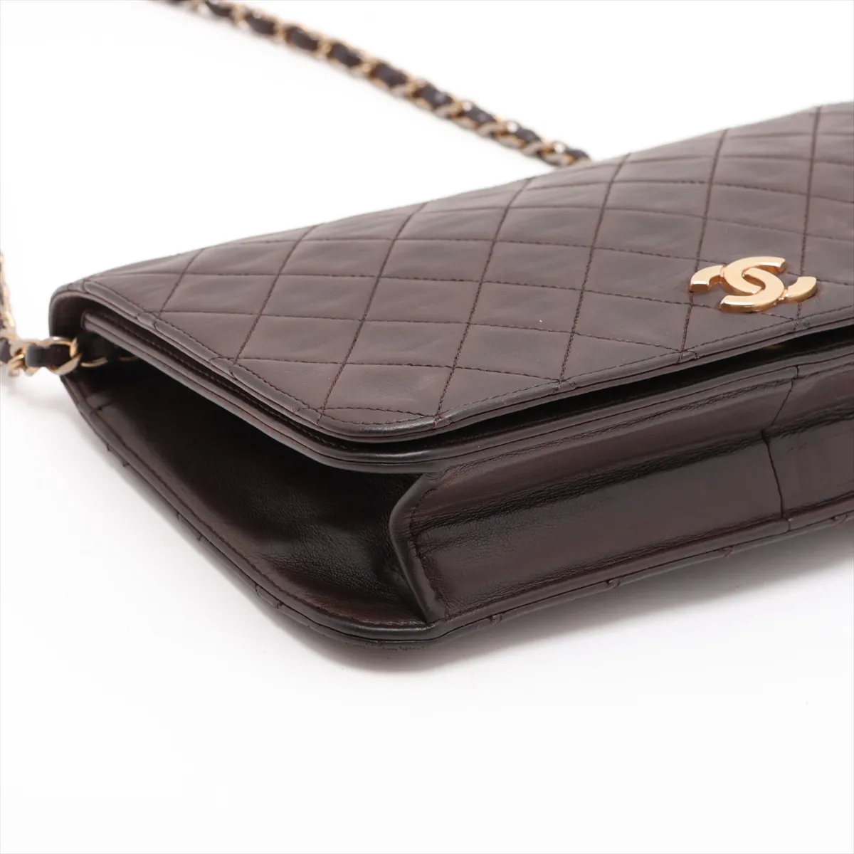 Matelassé Lambskin Chain Shoulder Bag, Push-Lock, Brown, Gold Hardware — view 4