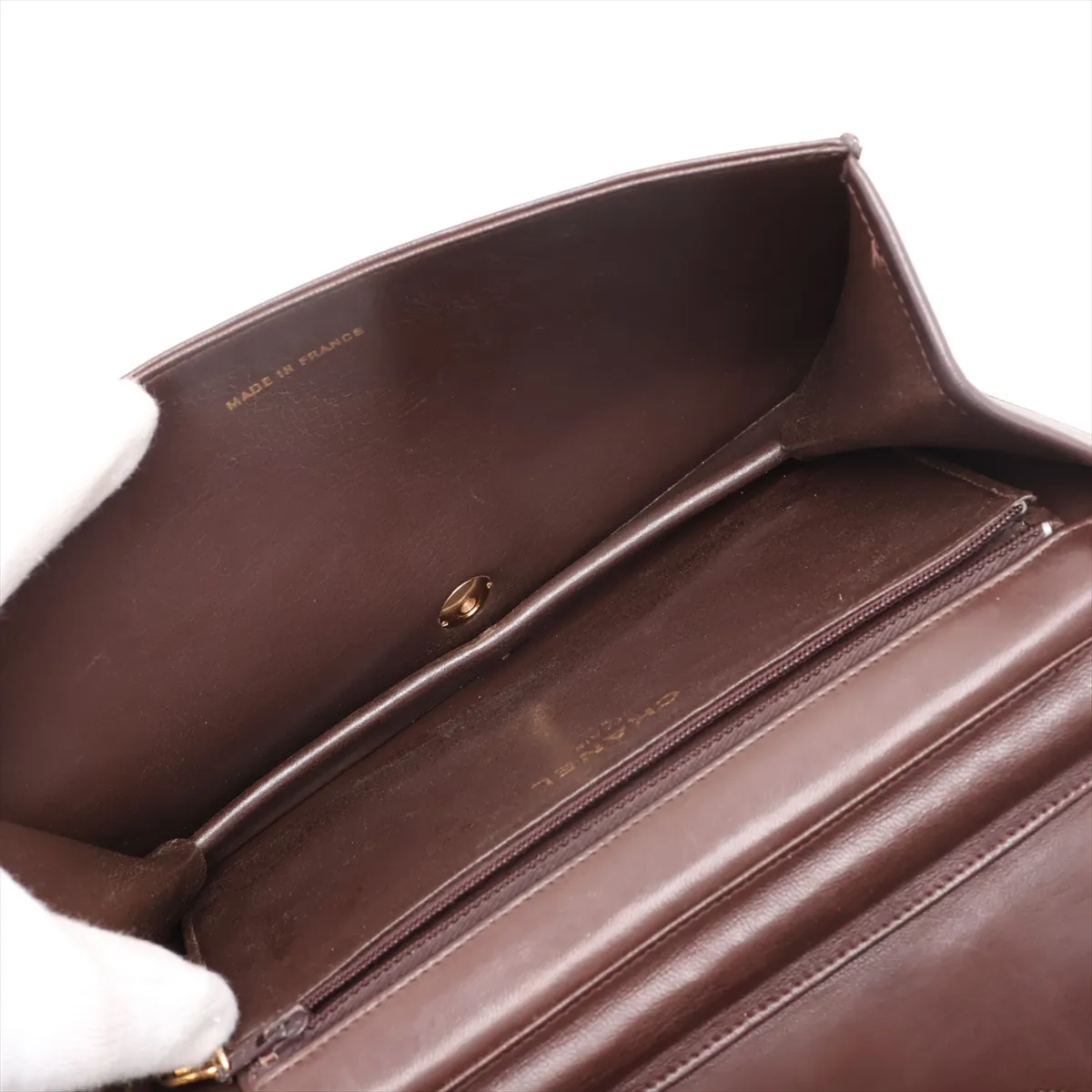Matelassé Lambskin Chain Shoulder Bag, Push-Lock, Brown, Gold Hardware — view 6