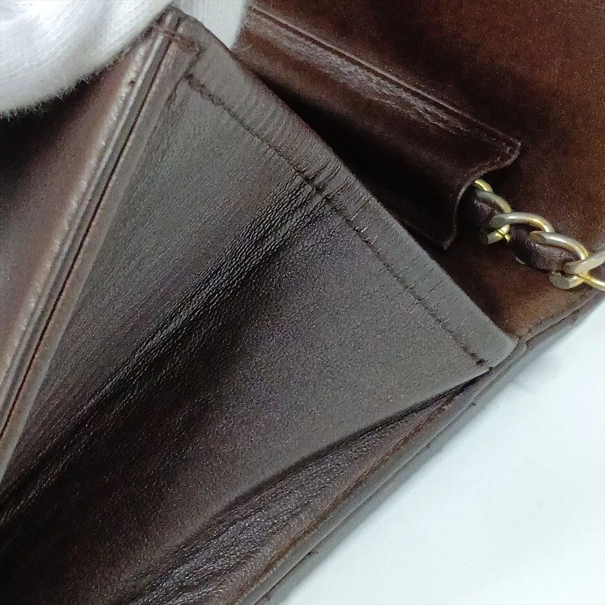 Matelassé Lambskin Chain Shoulder Bag, Push-Lock, Brown, Gold Hardware — view 10