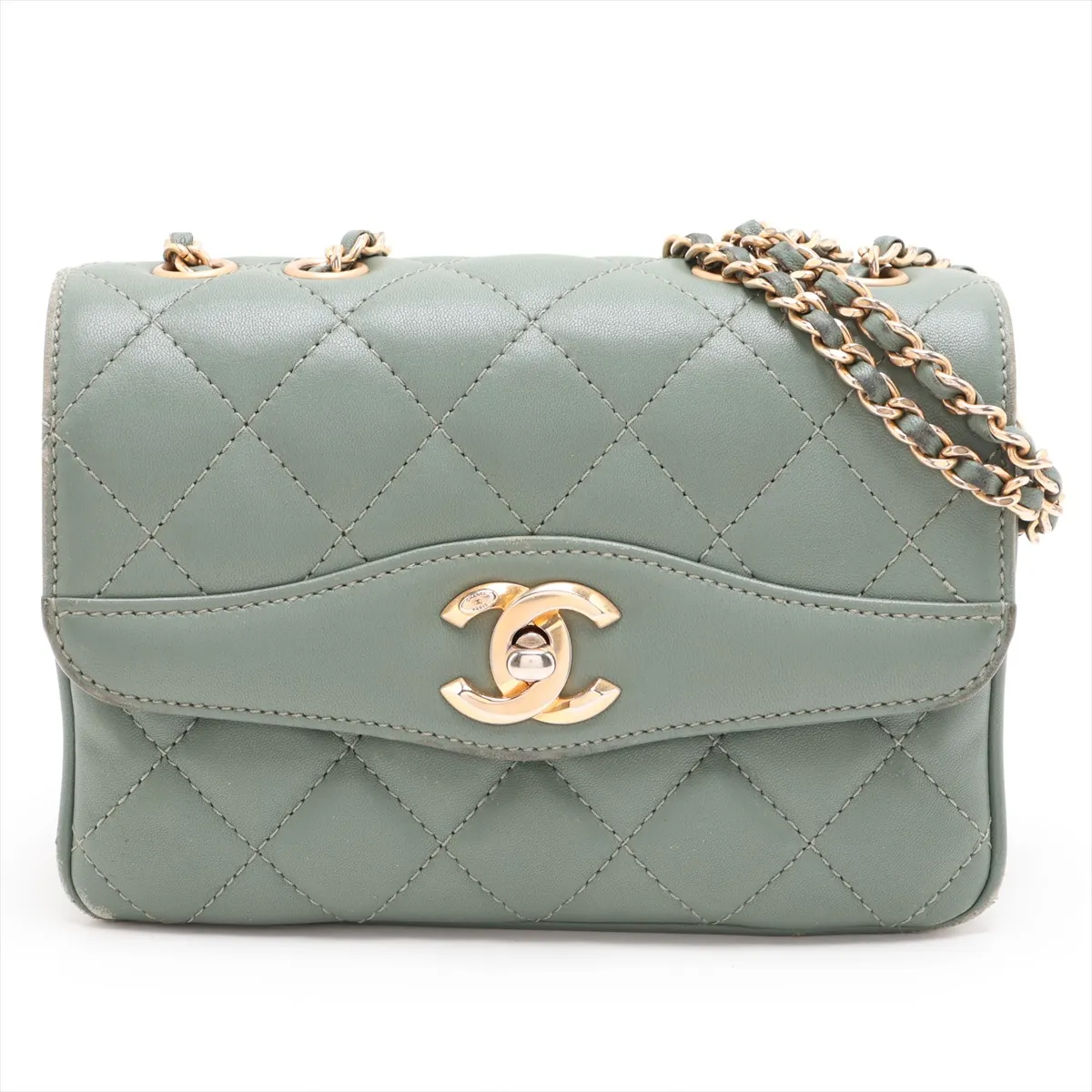 Matelassé Lambskin Single Flap Double Chain Bag, Green with Gold Hardware, 24927523, Serial Number 24