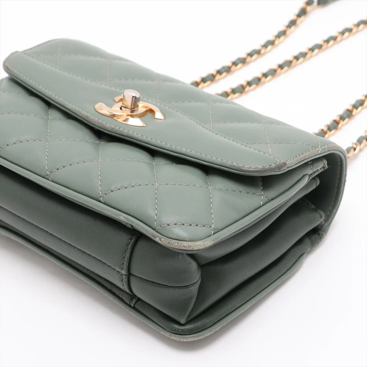 Matelassé Lambskin Single Flap Double Chain Bag, Green with Gold Hardware, 24927523, Serial Number 24 — view 3