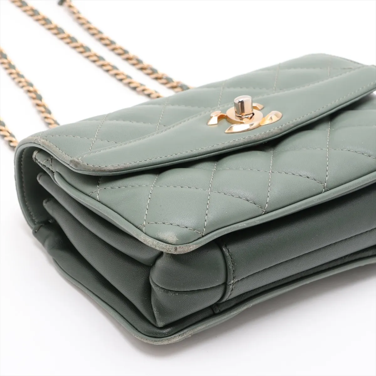 Matelassé Lambskin Single Flap Double Chain Bag, Green with Gold Hardware, 24927523, Serial Number 24 — view 4
