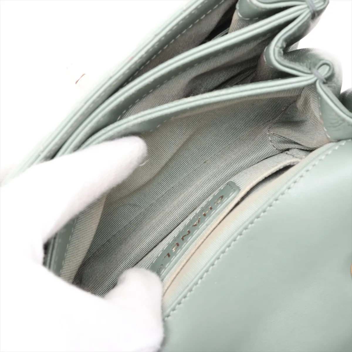 Matelassé Lambskin Single Flap Double Chain Bag, Green with Gold Hardware, 24927523, Serial Number 24 — view 9