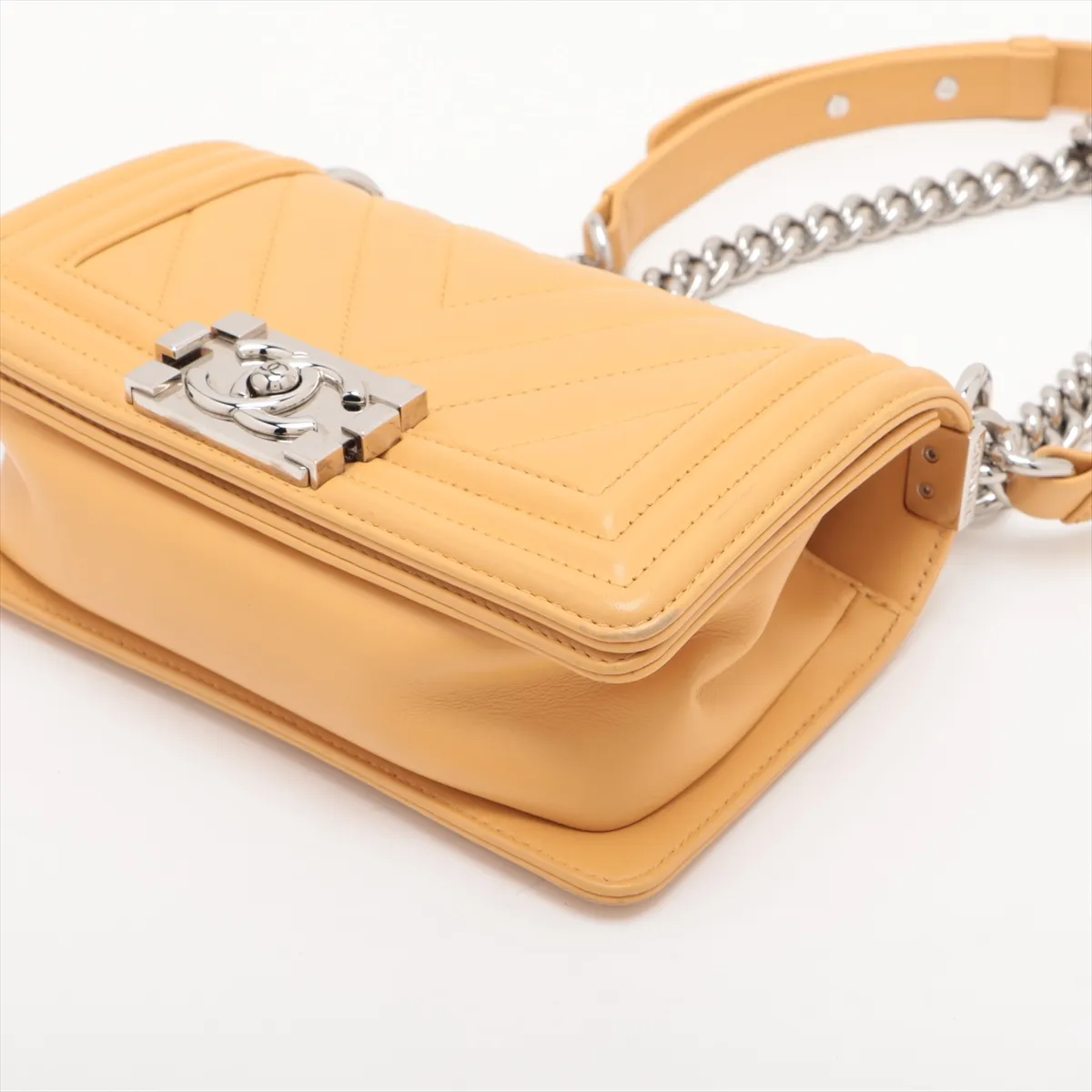 Boy Chanel 20 Small Lambskin Chain Shoulder Bag Chevron V Stitch Yellow Silver Hardware 22075087 22nd Series A67085 — view 3