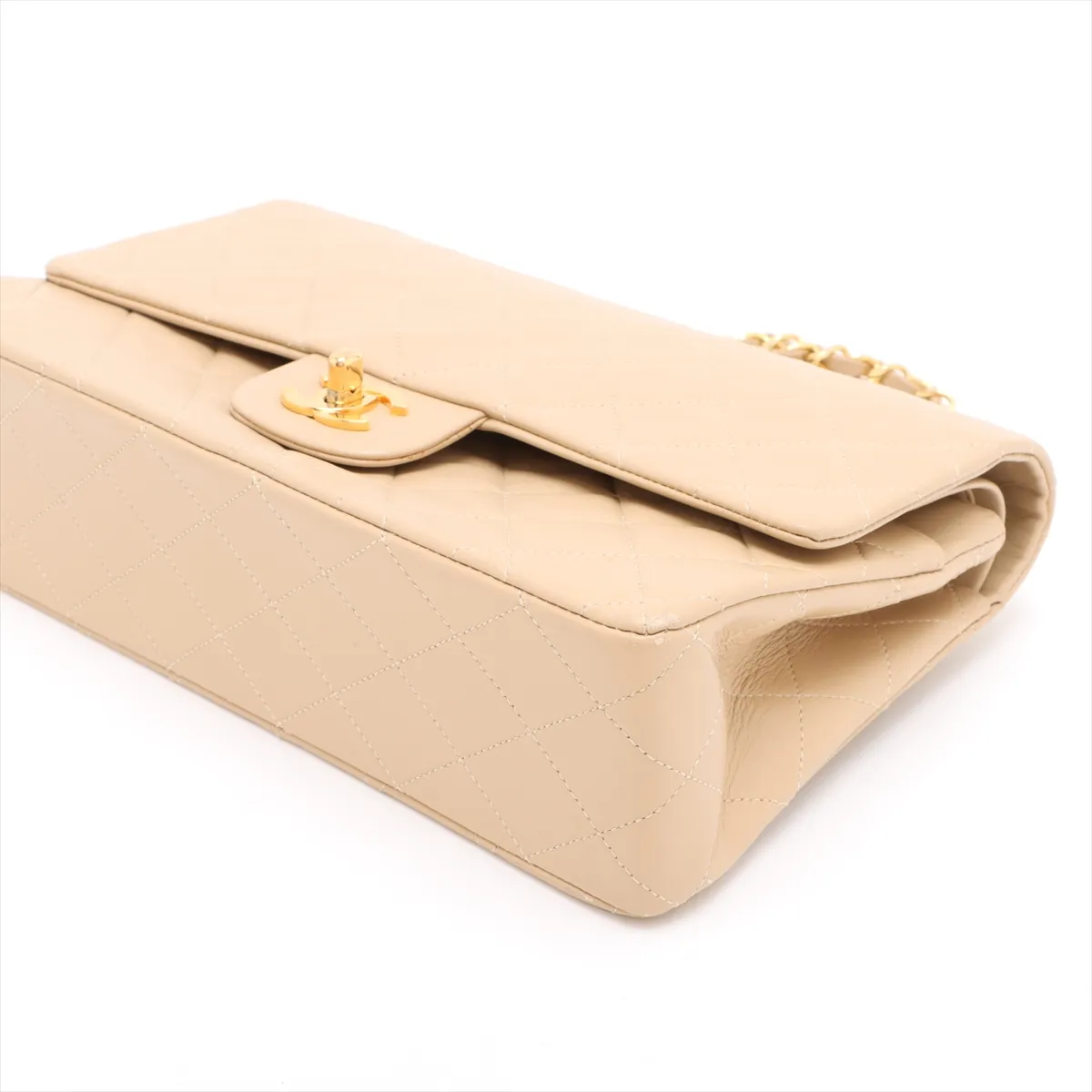 Matelassé 25 Lambskin Double Flap Double Chain Bag, Beige, Gold Hardware, Series 1, A01112 — view 3